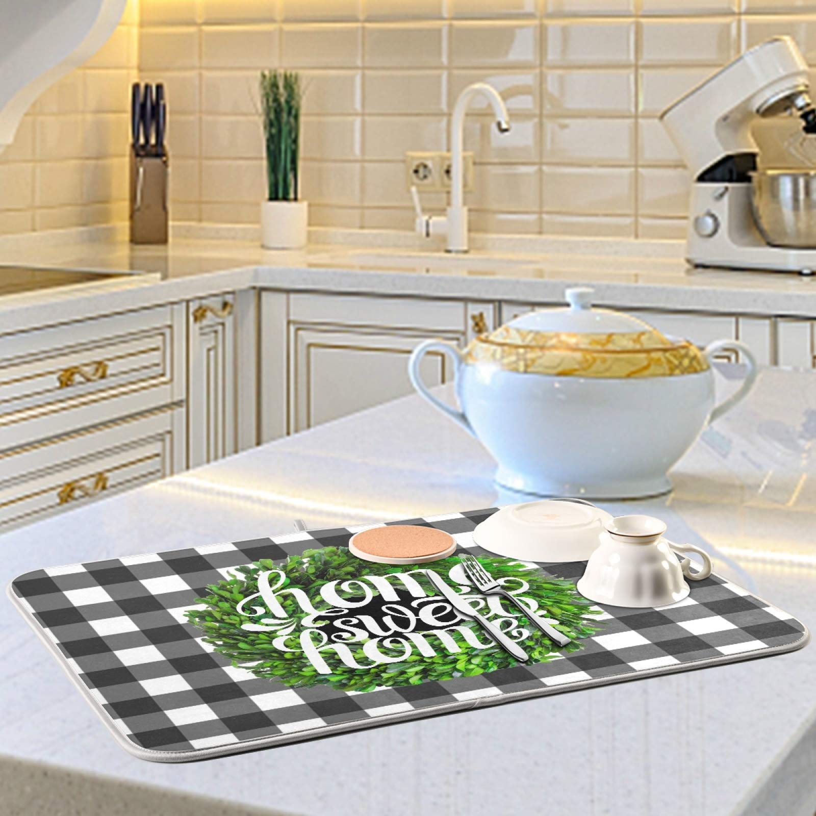 Kcldeci Boxwood Wreath Dish Drying Mat For Kitchen 18X24 Inch Buffalo Plaid Check Dish Drying Pad Dish Rack Drainer Pad Dish Mat