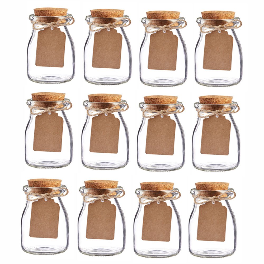 Bodosac 12Pcs Vintage Glass Favor Jars With Cork Lids For Wedding Favor 34 Oz Each Jars
