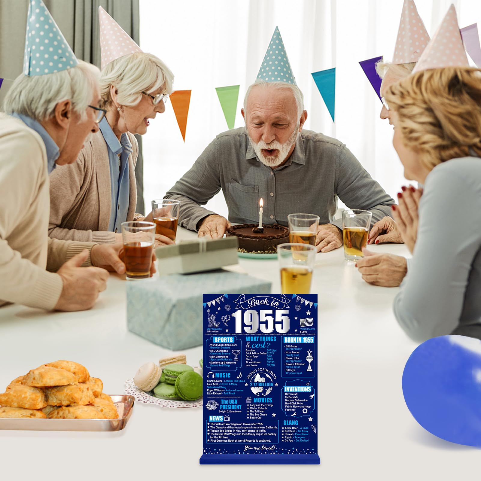 70th Birthday Decorations Back in 1955 Table Sign for Men, Blue Silver 70 Birthday Two-Sided Wooden Table Poster with Stand Part