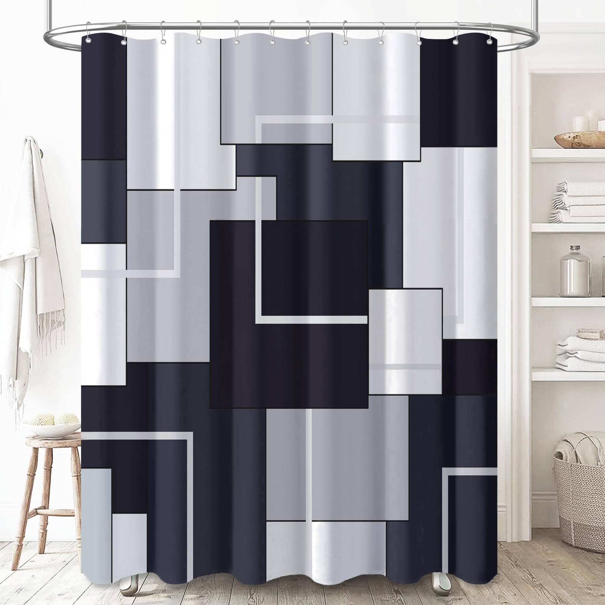 Bttn 78 Inch Long Shower Curtain, Abstract Geometric Water Resistant Fabric Shower Curtain Set With 12 Plastic Hooks, Tall Moder