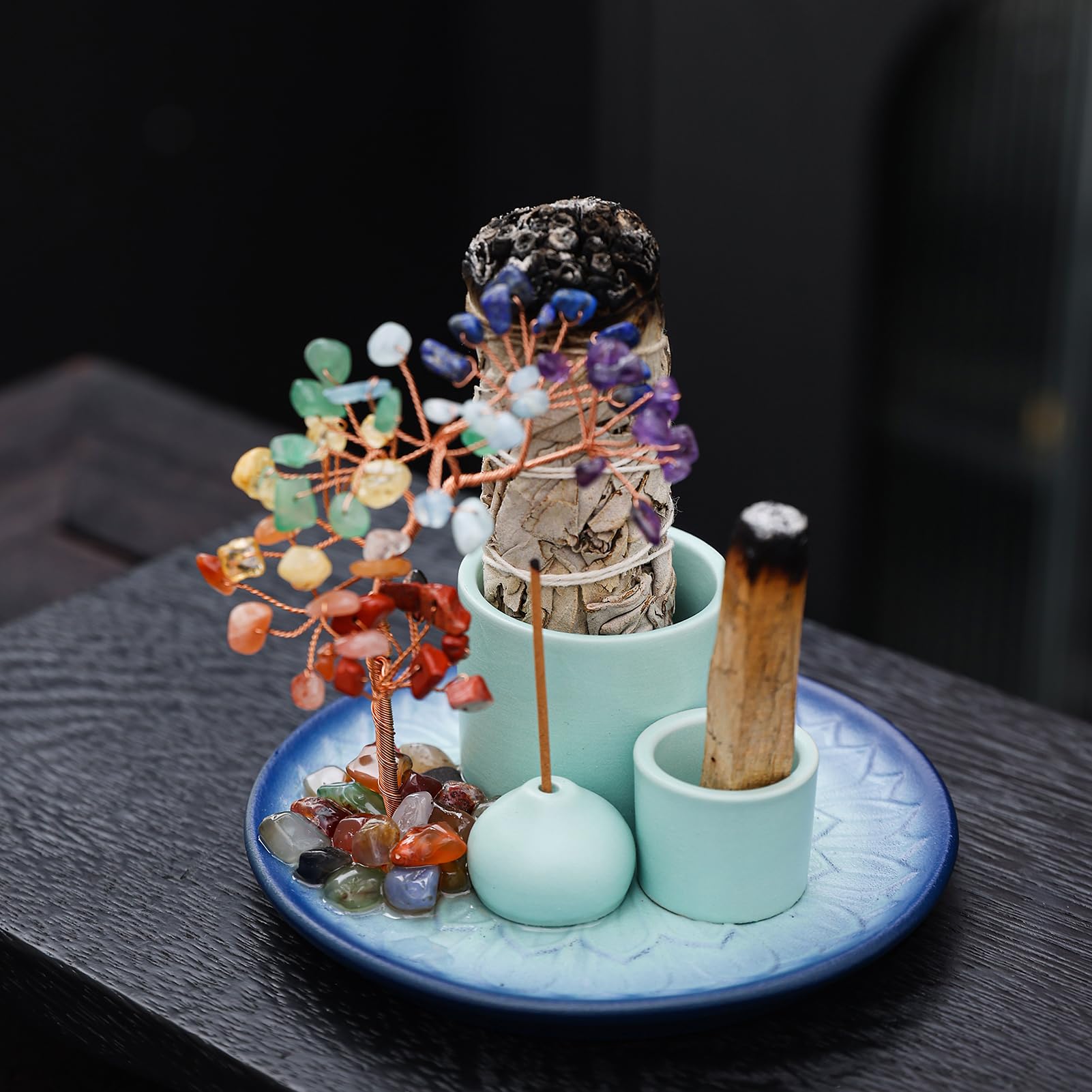 5 in 1 Incense Burner Holder with Crystal Tree for Burning Palo Santo Stick, Sage, Incense Sticks, Candle, Ceramic Tray Ash Catc