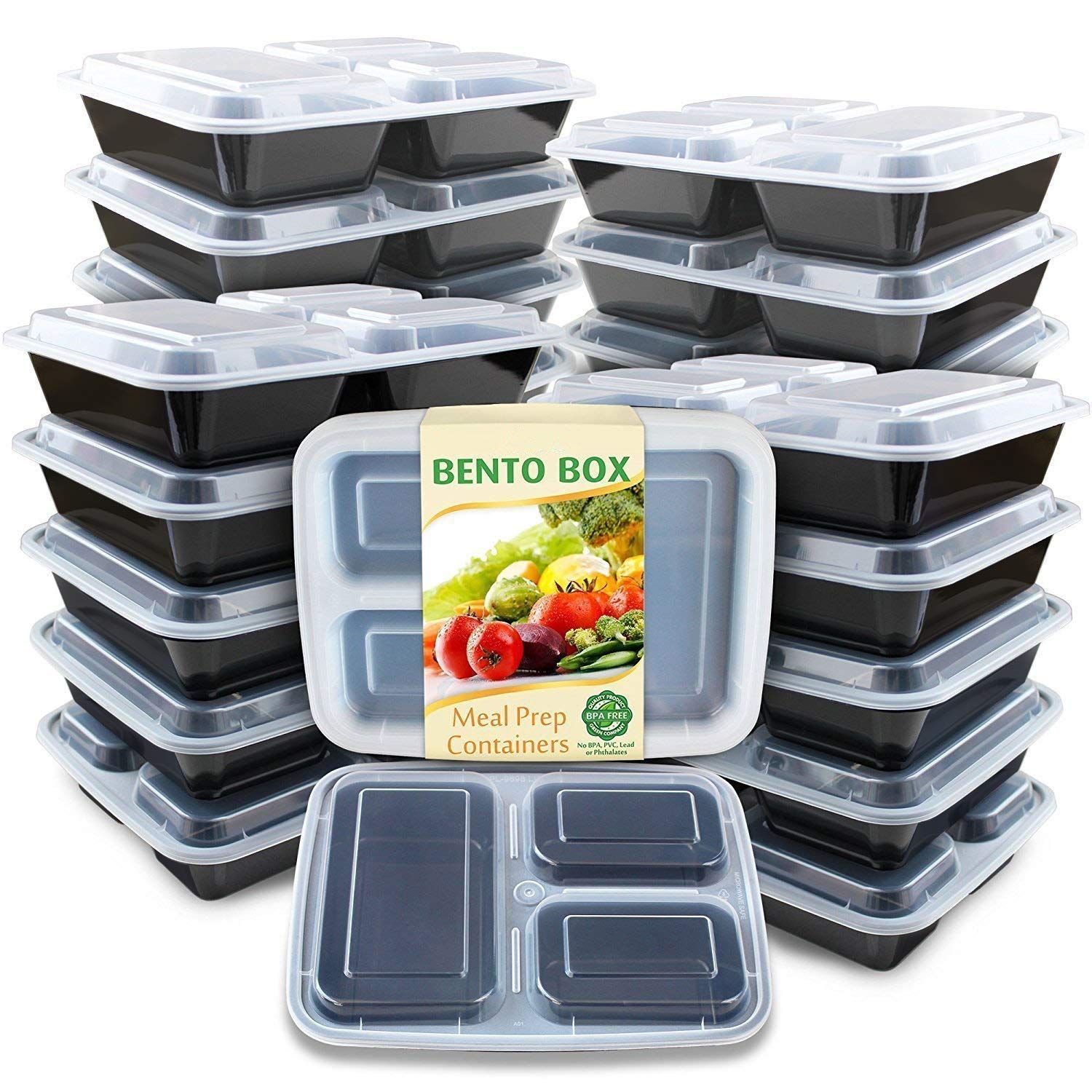 Enther Meal Prep Container 20 Pack 3 Compartments with Lids Food Storage Bento Box BPA Free/Reusable/Stackable Lunch Planning, M