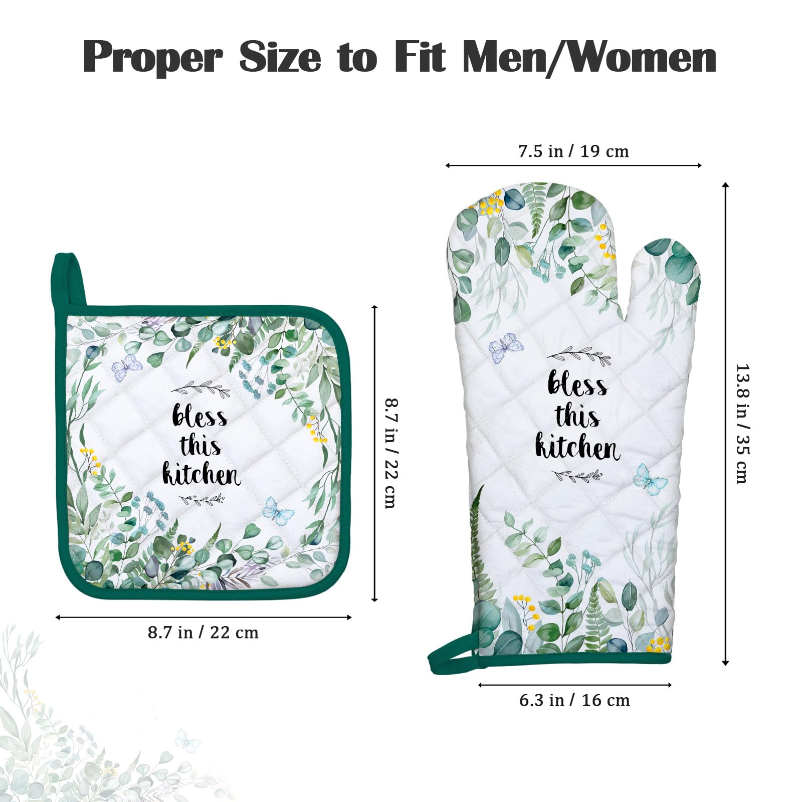 Arquiel Eucalyptus Leaf Oven Mitts And Pot Holders Sets 2Pcs, 100% Cotton Heat Resistant, Extra Long Oven Gloves Potholder For K