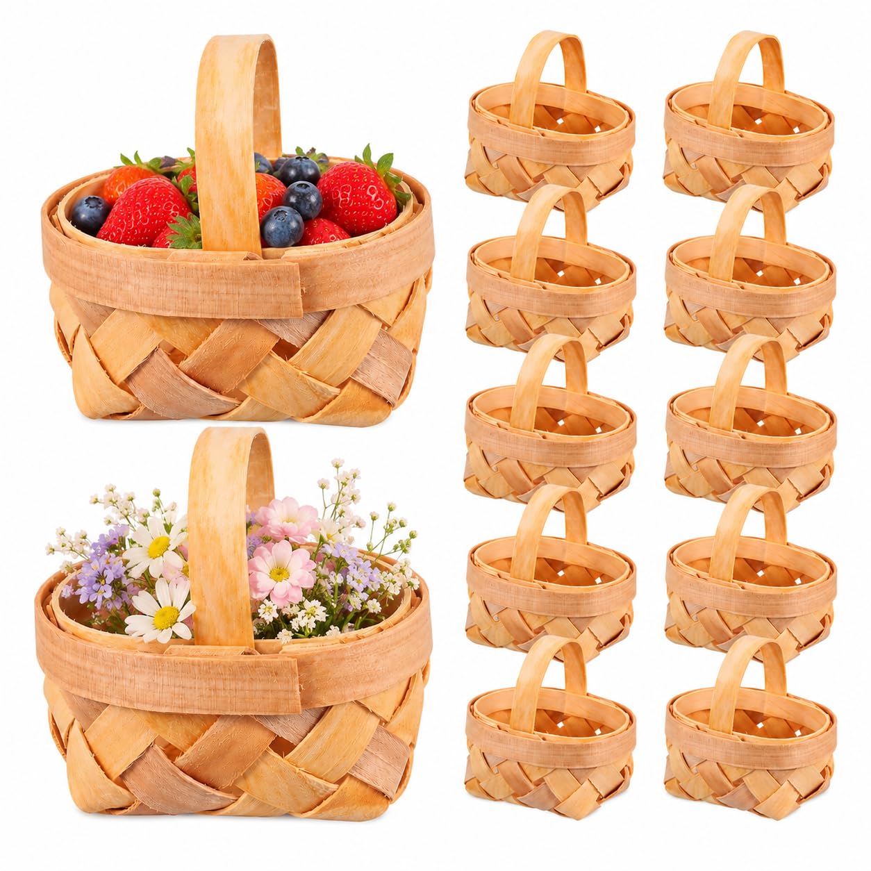 Tofficu 12 Pcs Mini Woven Baskets with Handles, 2.5 Inch Tiny Wood Chip Picnic Baskets for Strawberry Party Favors, Wedding Cand