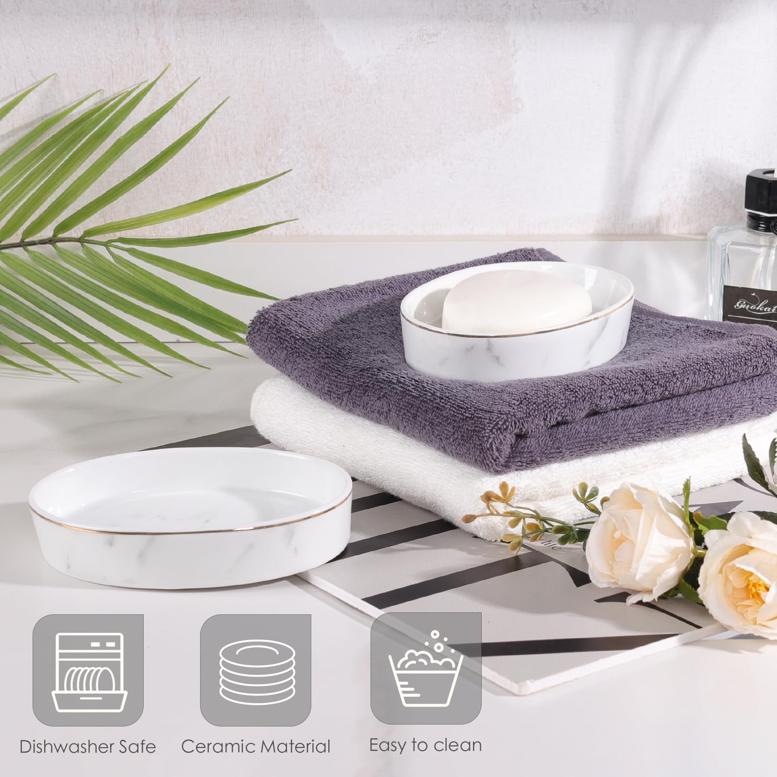 Soap Dish, Ceramic White Marble Soap Holder Soap Bar Holder, Oval Soap Dish For Shower Bathroom Kitchen Sink, Easy Clean, Antis'