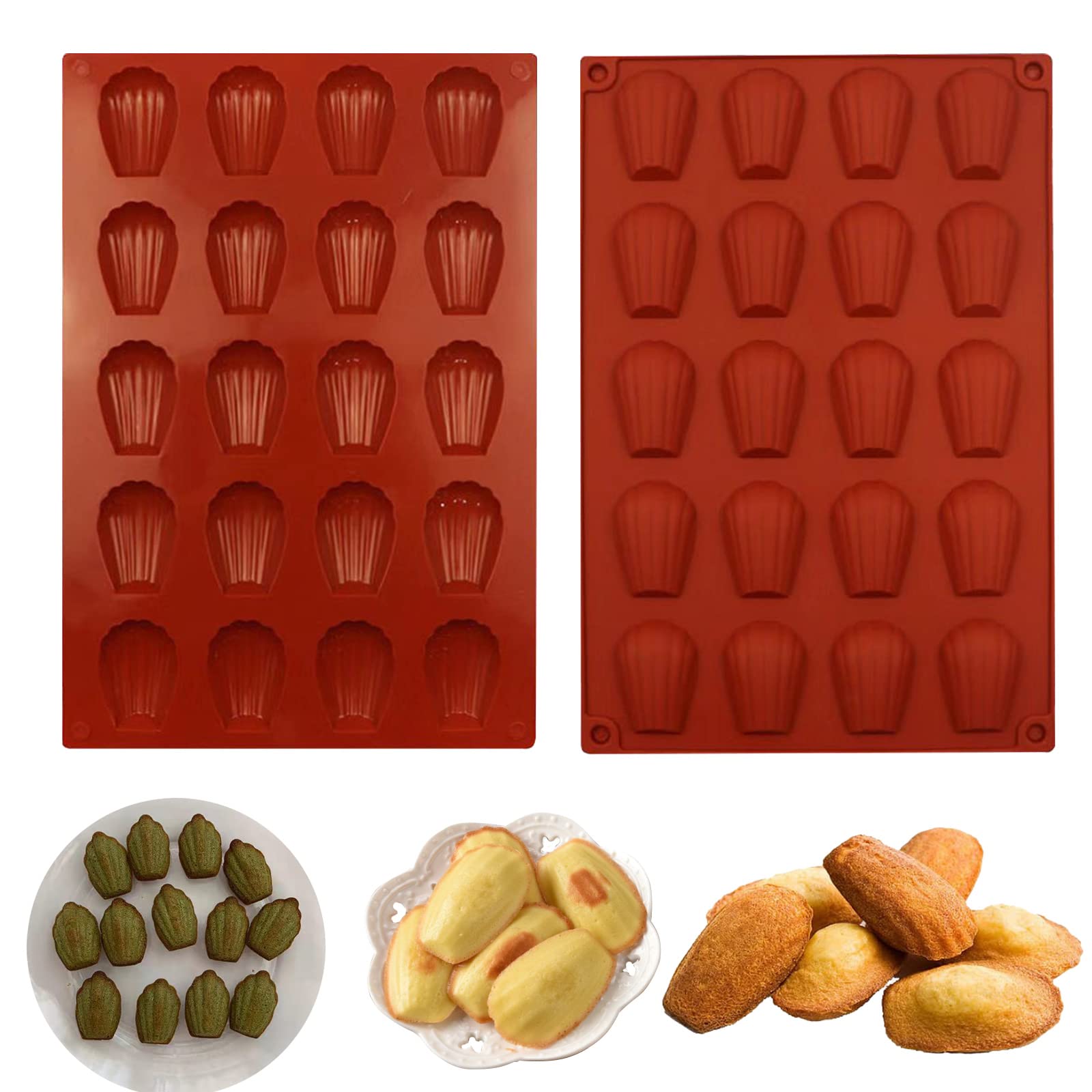 Hycsc 20 Cavity Madeleine Pan, 2Pcs Nonstick Silicone Madeleine Molds, Shell Shape Baking Cake Mold Pan (Brick Red)