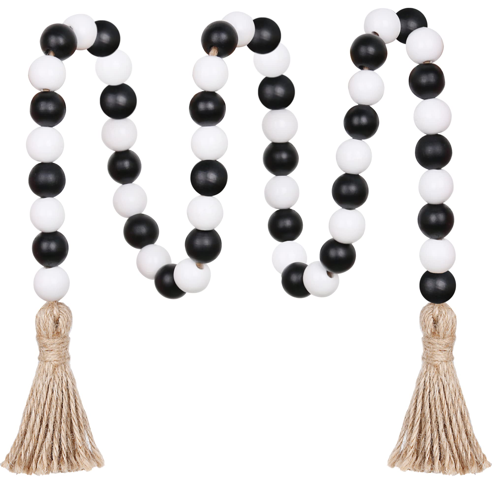 Meplait Wood Bead Garland - 39in Farmhouse Beads with Tassels for Tiered Tray Decor - Black & White