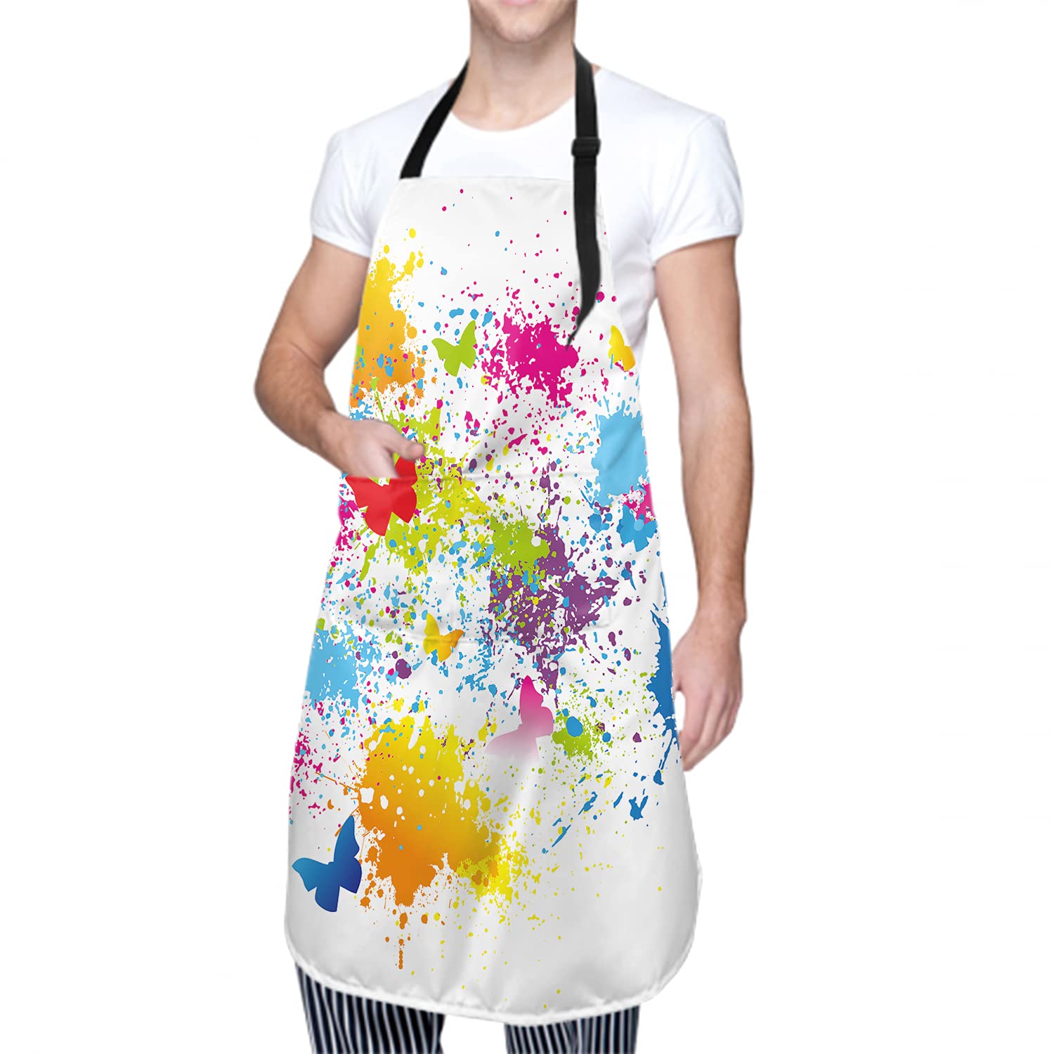Sweetshow Artist Apron With 2 Pockets And Adjustable Neck Waterproof Colorful Butterfly Painting Aprons Art Smock Oil Paint Apro