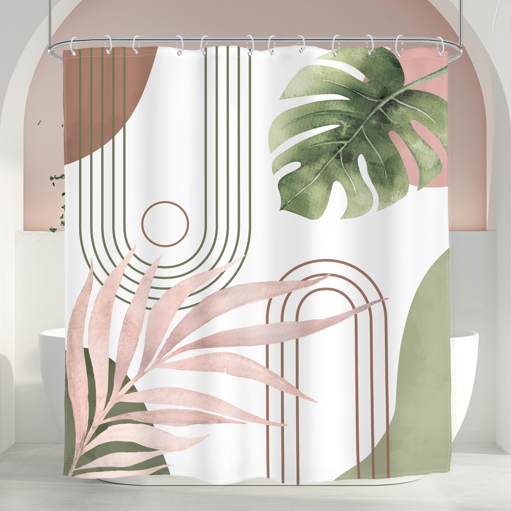 Glawry Abstract Tropical Shower Curtain Chic Boho Plant Palm Leaf Watercolor Pink Green Simple Minimalist Bathroom Modern Botani