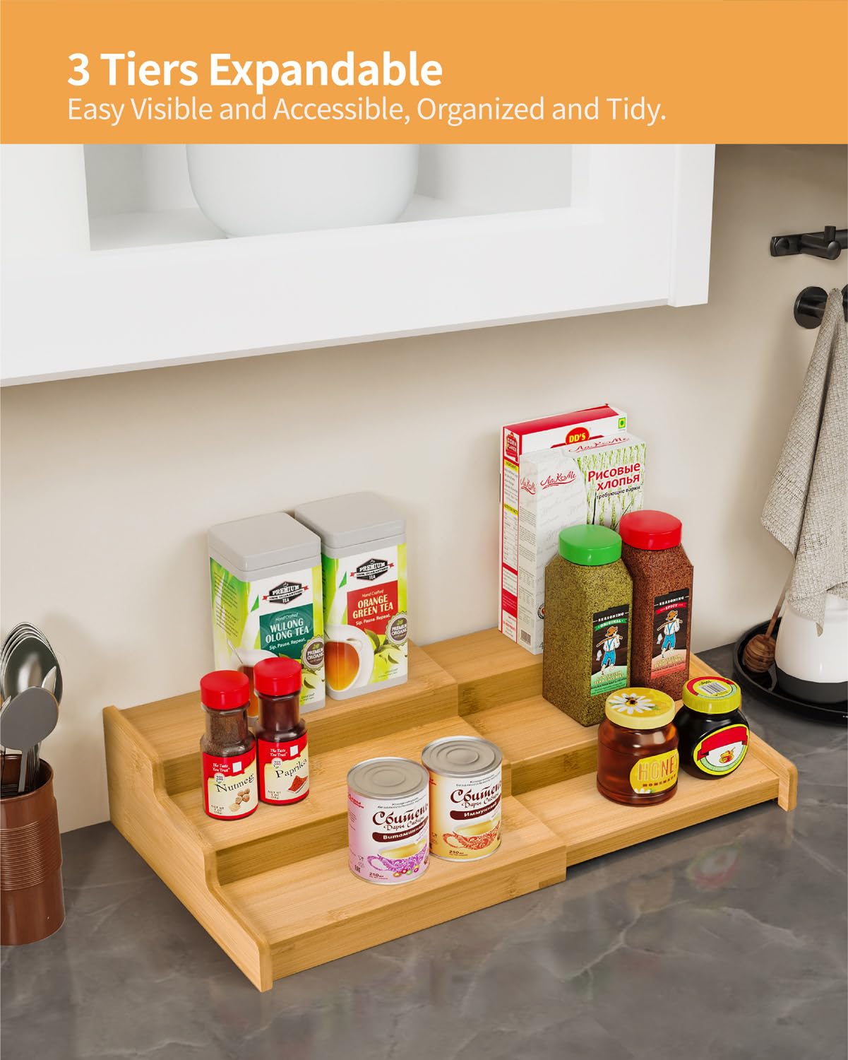 VenDotbi Spice Rack Organizer, 3 Tier Expandable Bamboo Spice Rack Organizer, Great for Kitchen Cabinet, Cupboard, Pantry and Mo