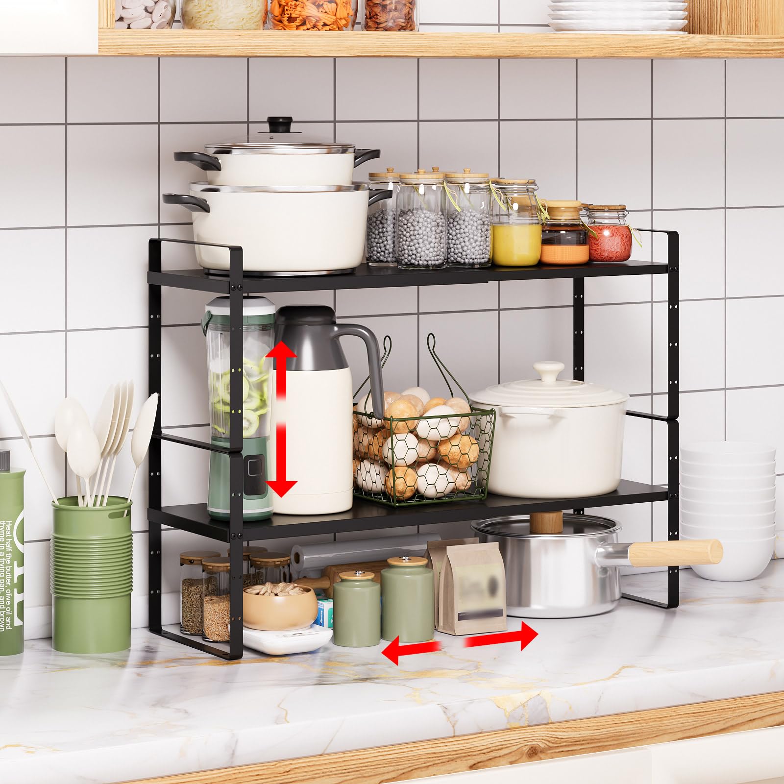 KMUZAWN Expandable Cabinet Shelf Organizer Rack, Stackable Kitchen Counter Storage Shelves Stand, Adjustable Height Pantry Shelf