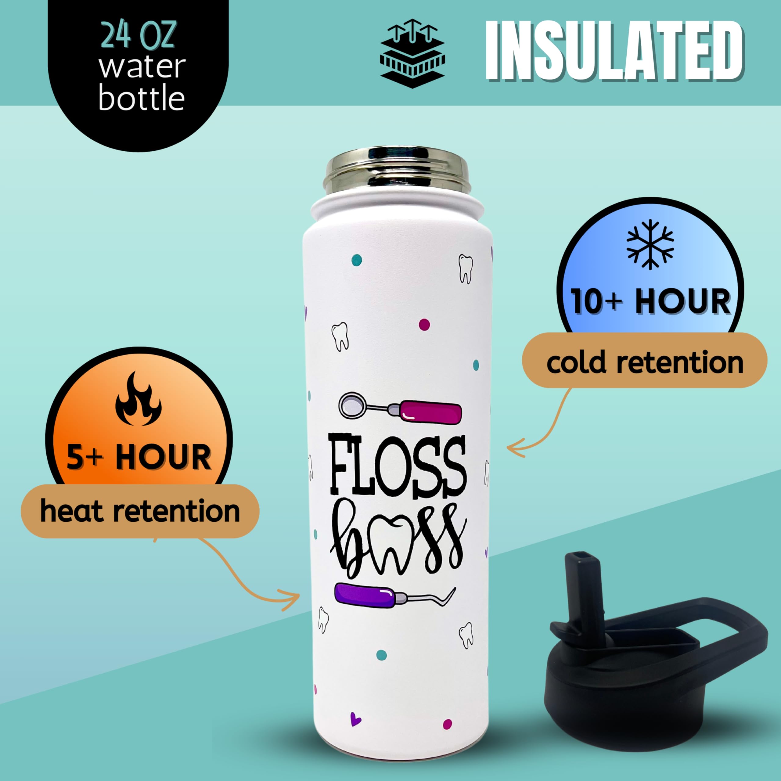 Brooke & Jess Designs Floss Boss 24 Oz Insulated Water Bottle Dental Assistant Hygienist Appreciation Gifts For Dentists, Women