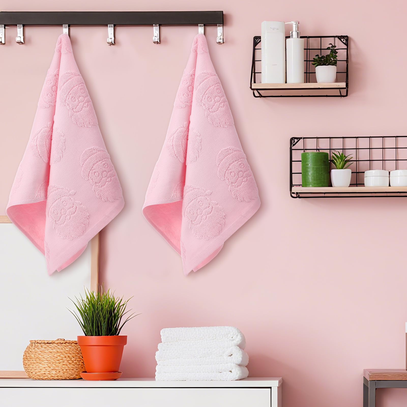 Breling 2 Pcs Christmas Hand Towels Pink Santa Claus Bathroom Decorative Towels 100% Cotton Absorbent Jacquard Weave Bath Decor