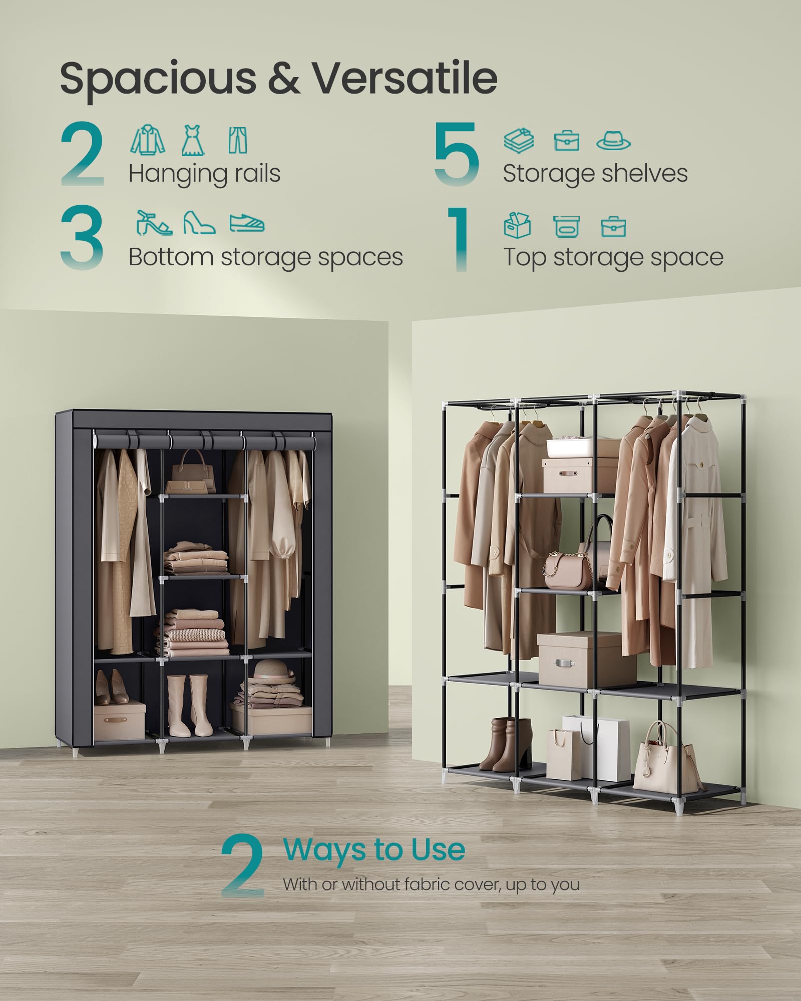 Songmics Portable Closet, 51.2 Inch Large Capacity Wardrobe Closet Organizer With Fabric Cover, Hanging Rods And Shelves, 51.2 X