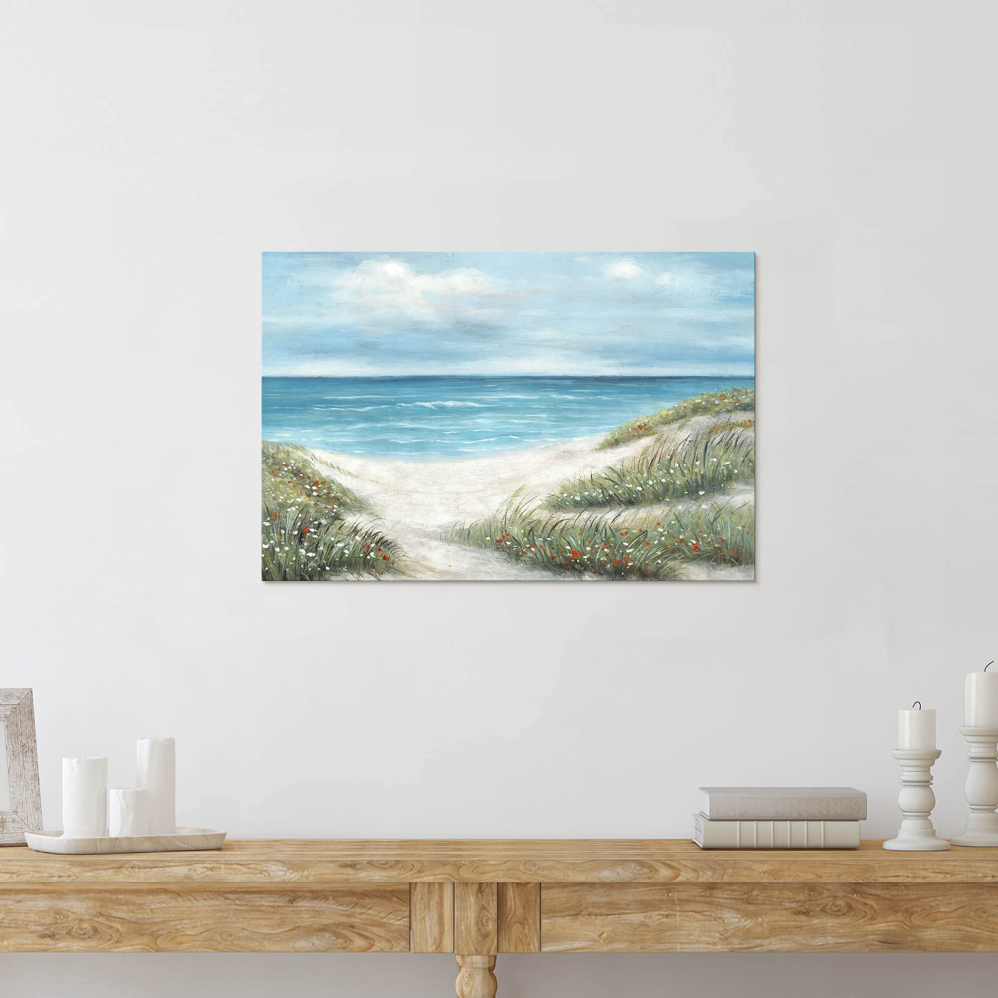 Wallsup Decor Canvas Wall Art Beach Scenes - Coastal Picture Print Artwork With Hand Painted Textured On Seaside Grass And Ocean