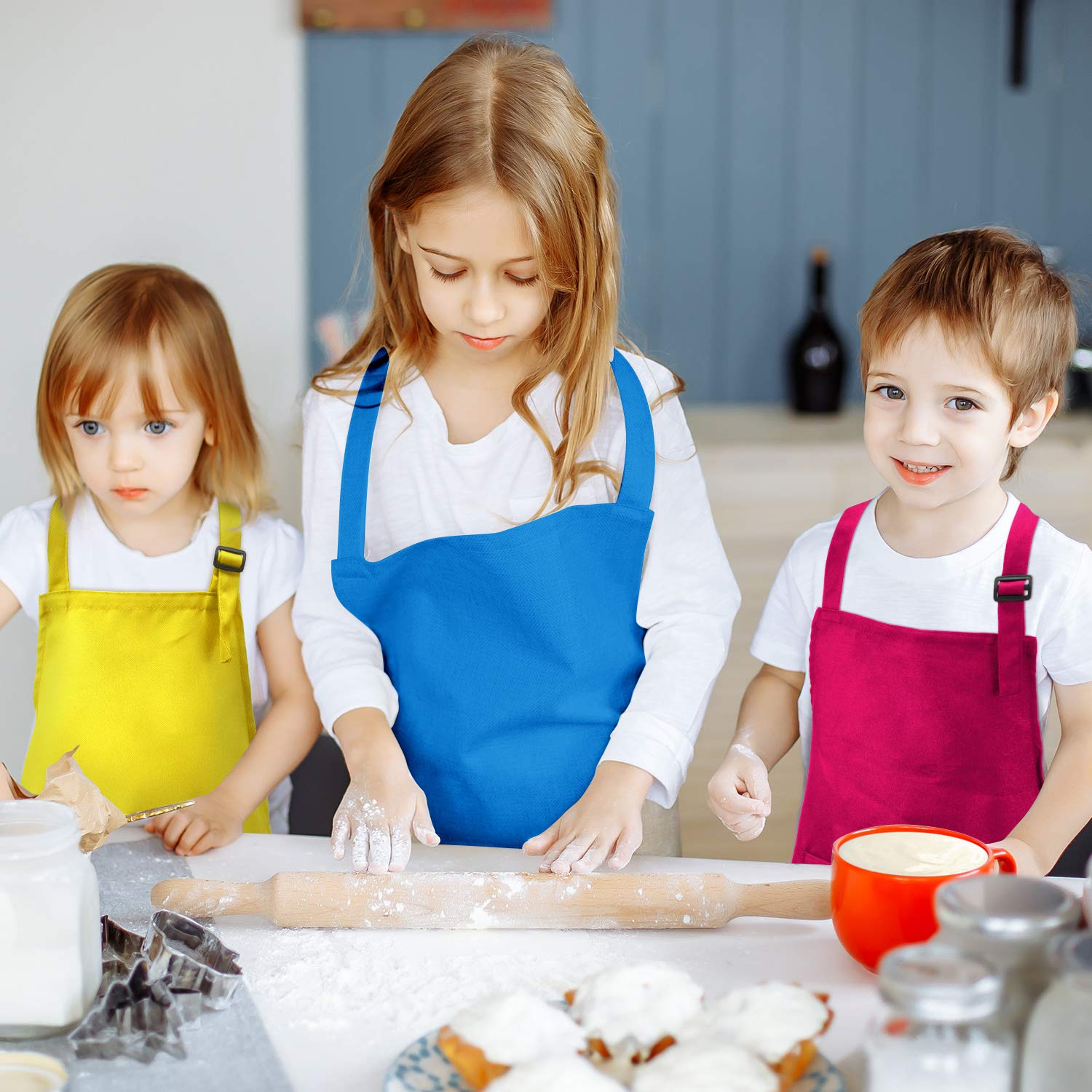 Syhood 6 Pieces Kids Apron With Pocket Adjustable Children Chef Apron For Baking Painting Cooking (Color 1, Large)