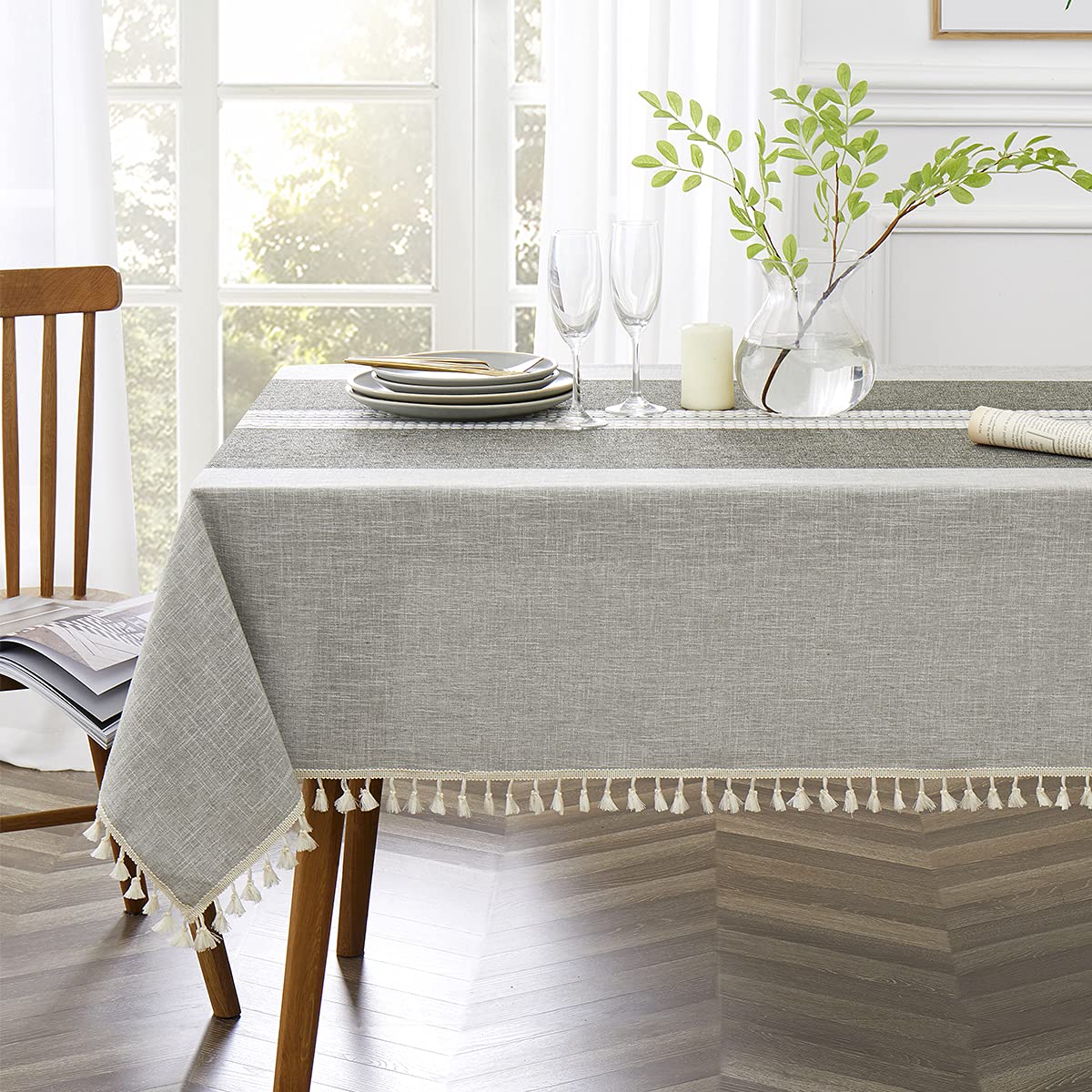 Qianquhui Embroidered Tablecloth For Dining Table,Dust Proof Spillproof Soil Resistant Cotton Linen Rectangle Table Cloths (Grey