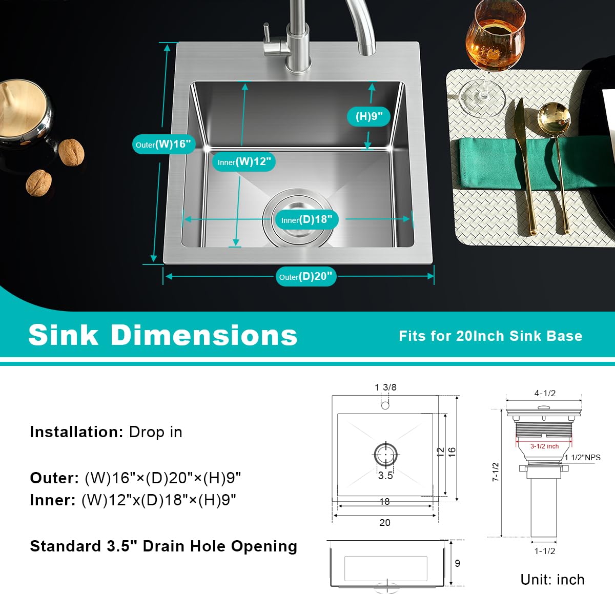 20-Inch Drop In Kitchen Sink, Tsibomu Stainless Steel Single Bowl Small Kitchen Sink Brushed Nickel,D20''Xw16''Xh9''