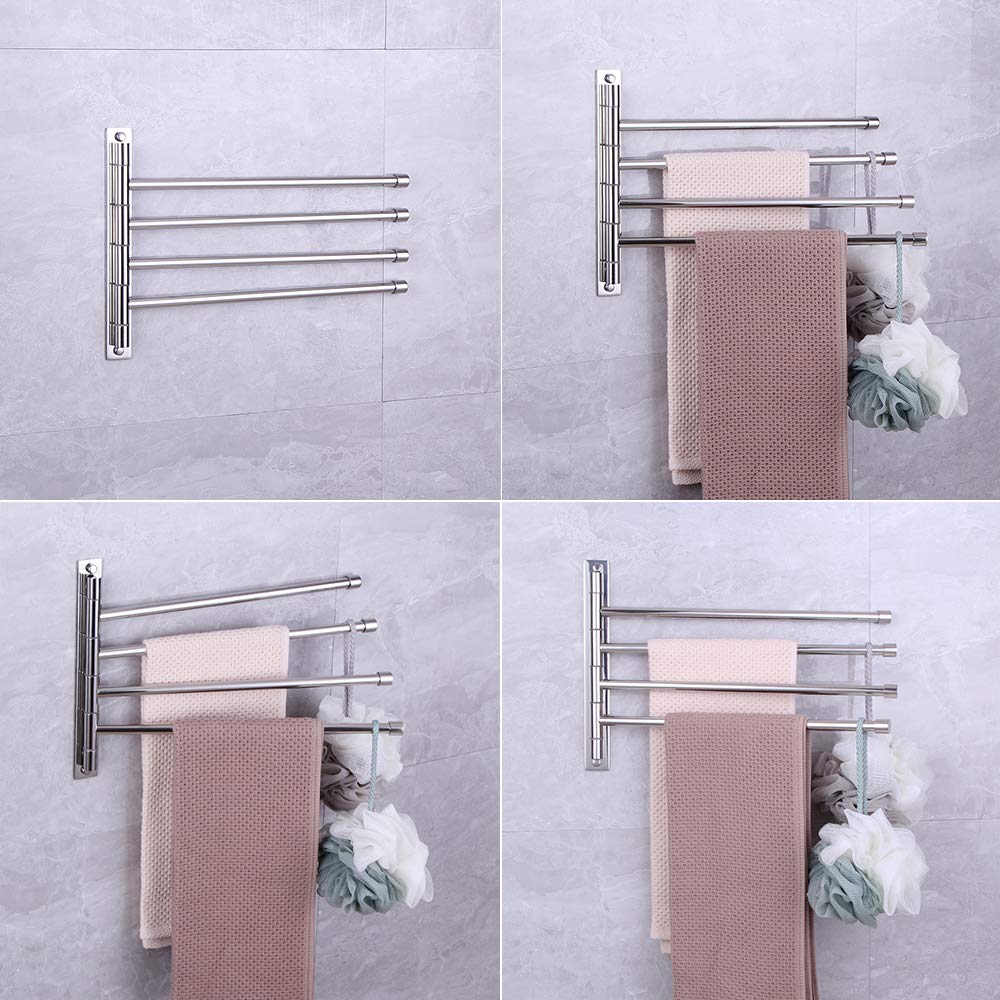 Kimzcn Towel Holder Swing Out Towel Bar Stainless Steel Bathroom Hand Towel Rack 4-Bar Folding Arm Swivel Hanger Wall Mount Poli