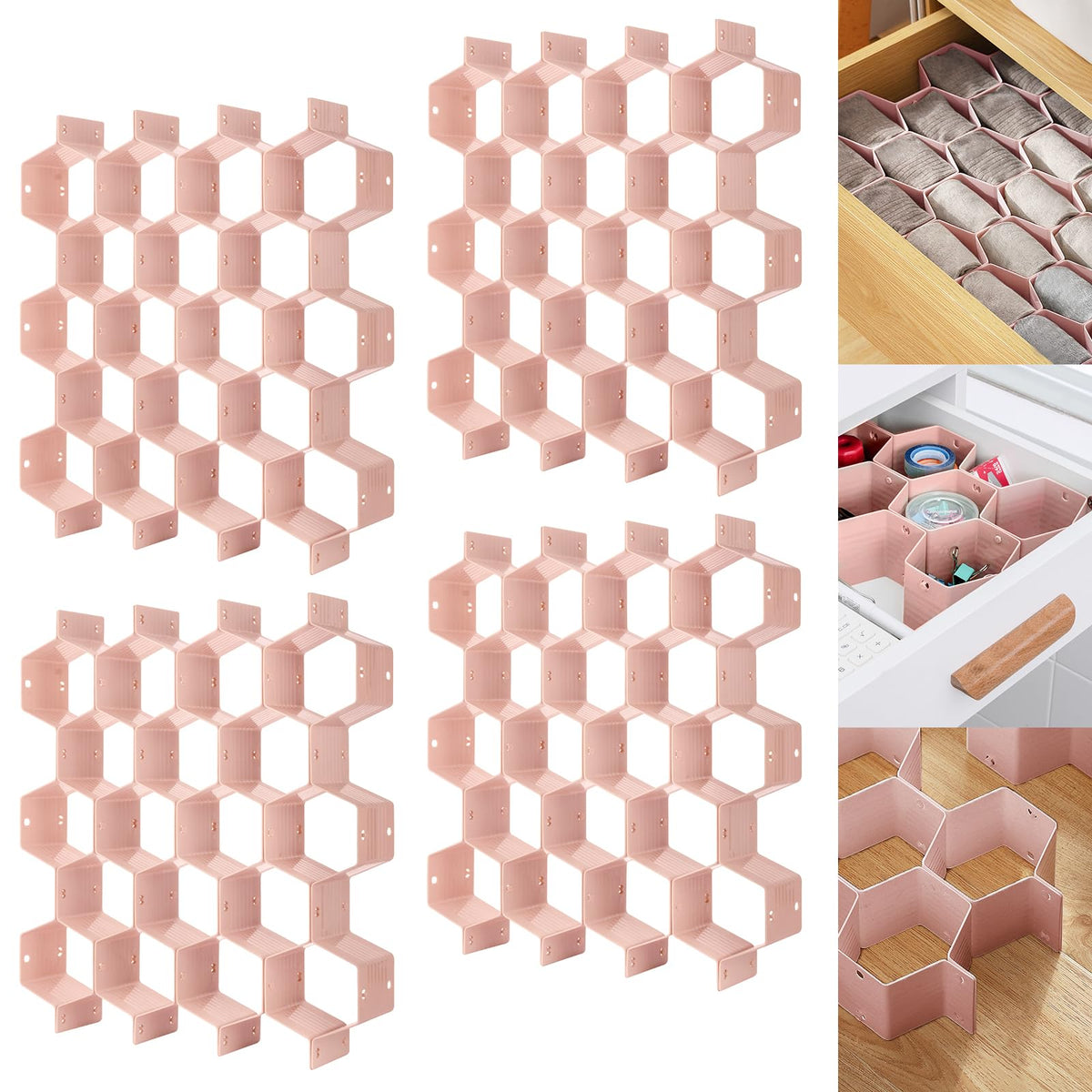 Poeland Drawer Divider Organizer 8pcs DIY Plastic Grid Honeycomb Drawer Divider Pink 32pcs