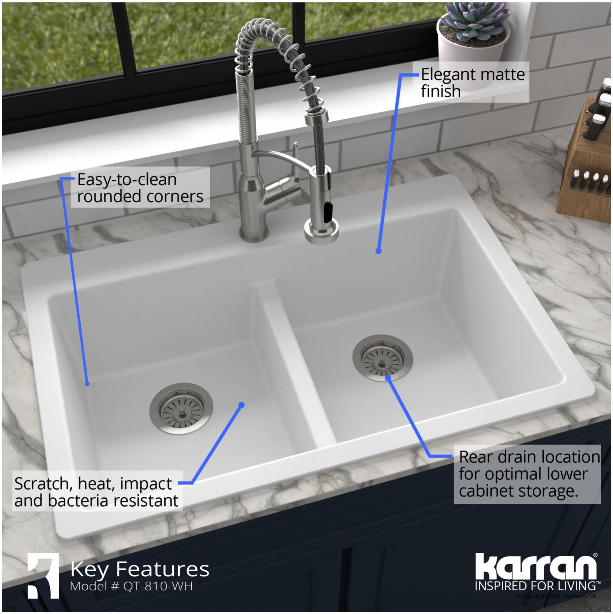 Karran Qt-810 33'' Top Mount Double Equal Bowl Quartz Kitchen Sink In White