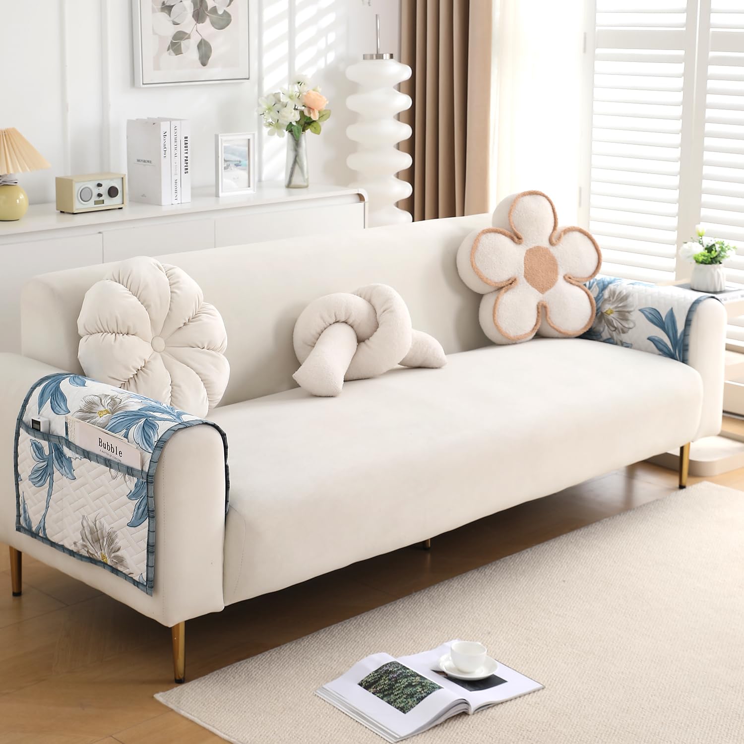 Hokipo Homehues Series Printed Quilted Sofa Arm Cover, Pack Of 2, Celadon Blue Camellia (In814LD8*2)