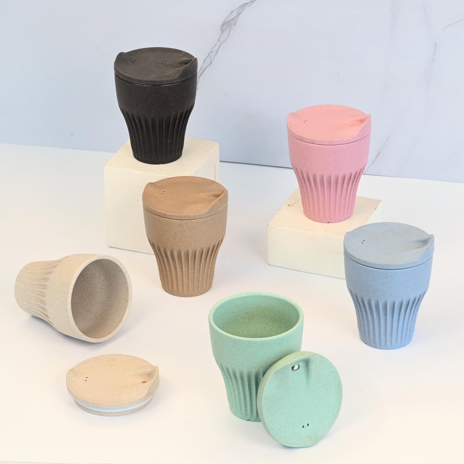 Eha Earth Friendly Rafter Coffee Mug With Lid | Tea Cup Set | 300 Ml | Made With Rice Husk | Microwave Safe Mugs For Gifting | 6