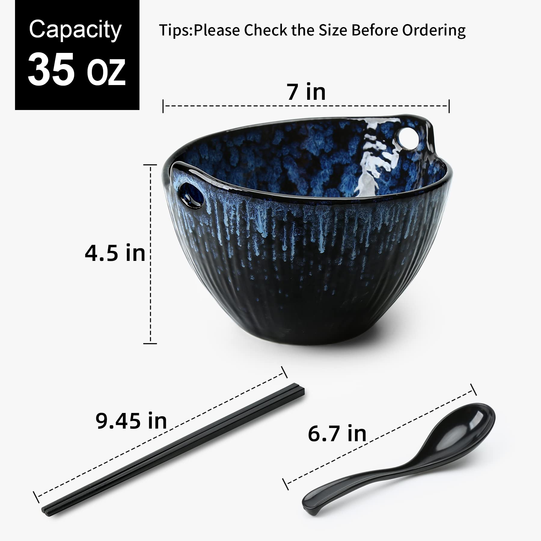 Jh Jiemei Home Ramen Bowl With Chopsticks And Spoons Set, 7 Inch Ceramic Noodle Bowl Set Of 2, Dishwasher Safe For Pho Udon Soba