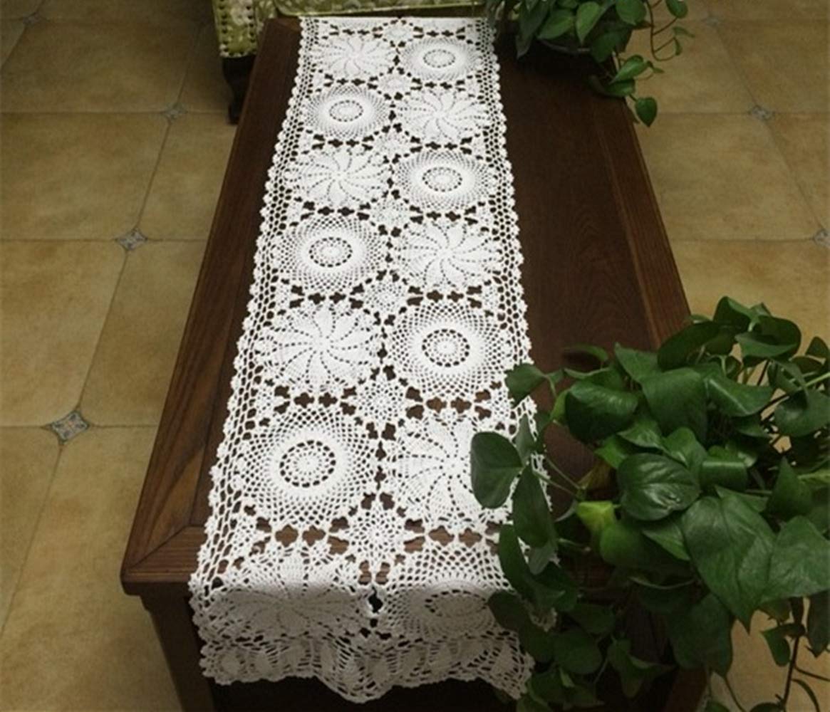 Ustide Rustic Floral Table Runner Hand Crochet Table Doily White Cotton Lace Table Decoration For Coffee Table 15''X70''