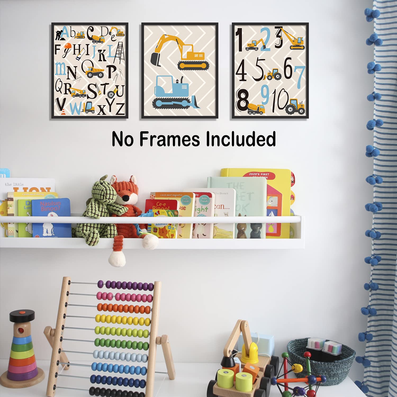 Kairne Cartoon Construction Art Print, Set Of 4 (8X10   ) Trucks,Digger,Transport Vehicle Canvas Poster,Alphabet Numbers Art Pai