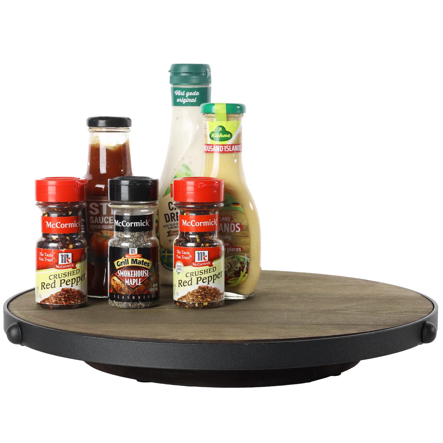 Mygift 15 Inch Large Lazy Susan Turntable Tray With Rustic Burnt Wood Finish And Black Metal Rim, Tabletop Dining Table Condimen