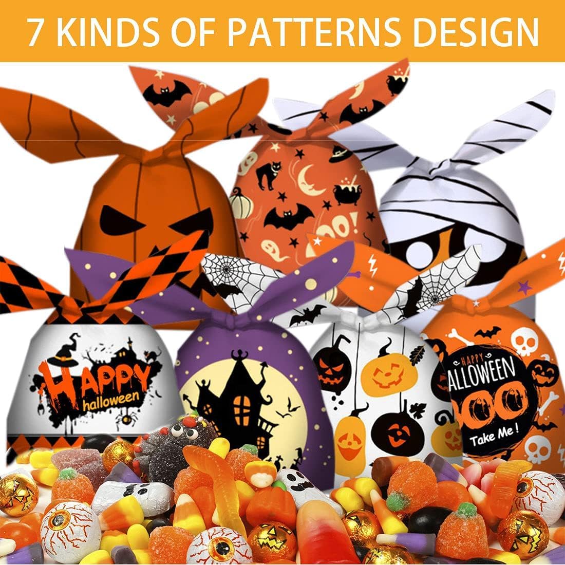 100Pcs Halloween Treat Bags Candy Bags For Halloween Party, 7 Designs Halloween Candy Bags For Kids Trick Or Treat, Plastic Smal