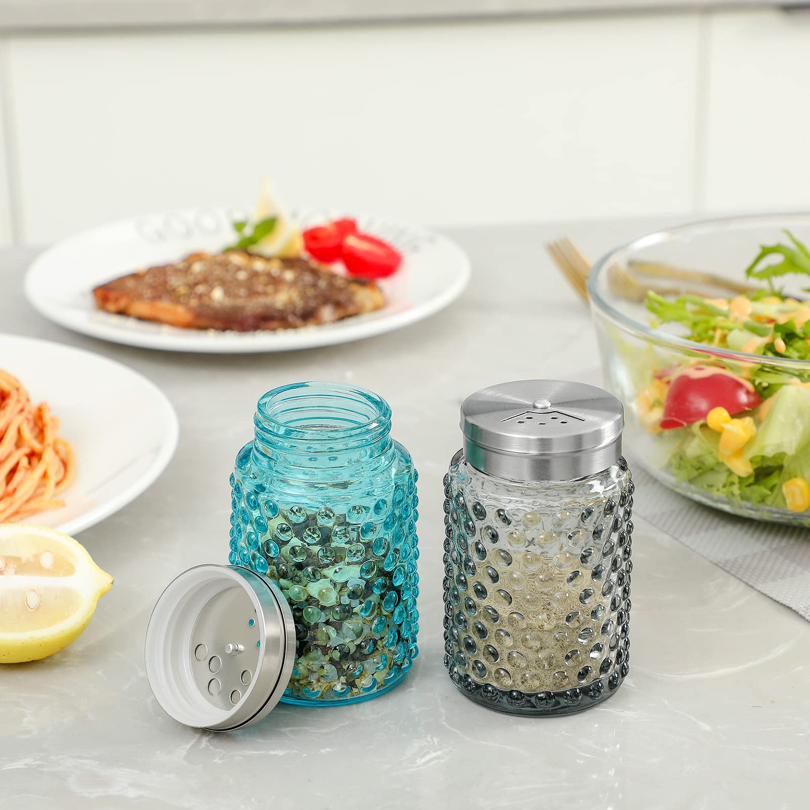 Everest Hobnail Salt And Pepper Shakers Glass Set Of 2, 4.0 Oz With Salt Shaker Adjustable Stainless Steel Lid-Glass Spice Jars,