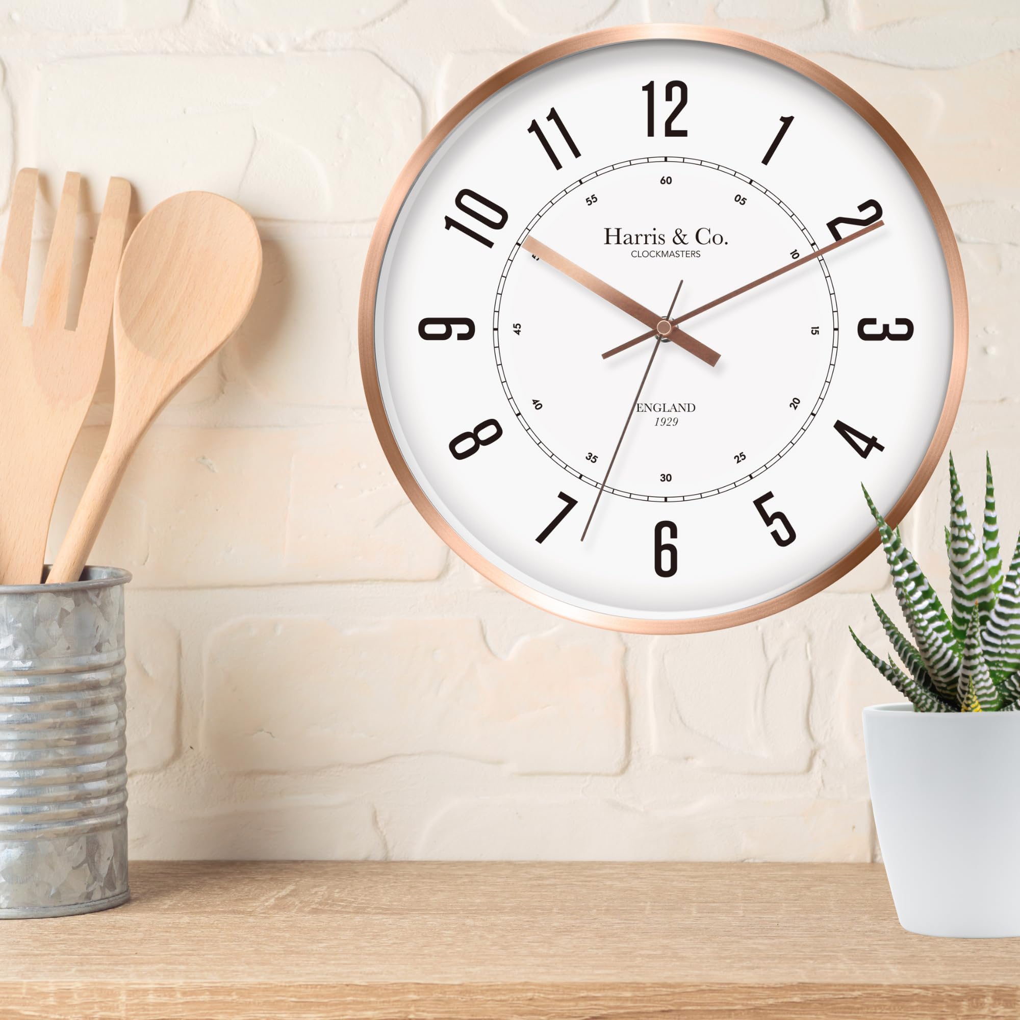 Harris & Co. Clockmasters Silent Sweep Noiseless Technology Wall Clock (12 Inch, Rose Gold Metal Frame, Model - Oxford Street In