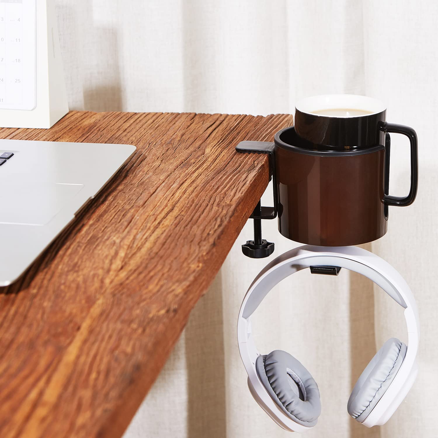 Gunking Luxury 2-In-1 Anti-Spill Cup Holder With Under Desk Headphone Hanger (Coffee Brown)