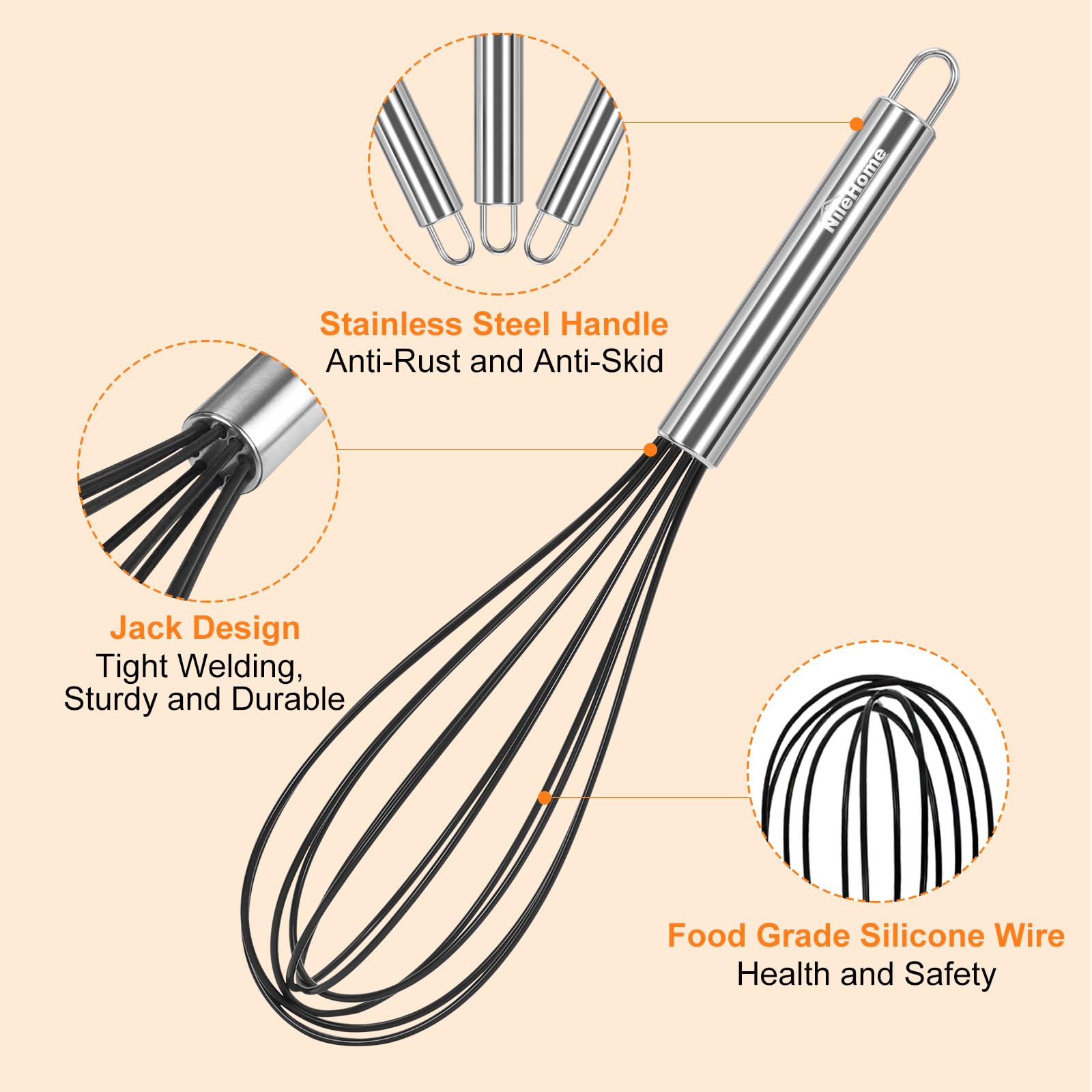 Nilehome Whisk Commercial Whisks Stainless Steel & Silicone Non-Stick Coated Small Whisk Set 8'' 10'' 12'' Kitchen Wisk Wire Whi
