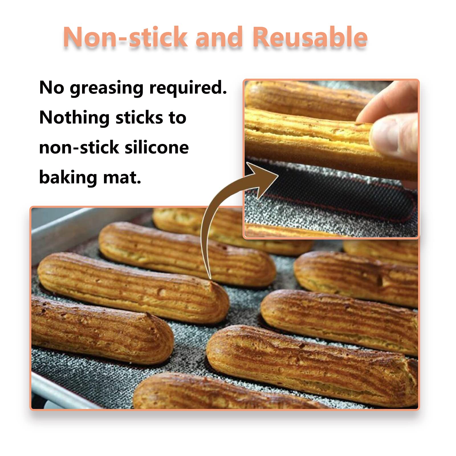Perforated Silicone Baking Mats, 2 Pcs Eclair Silicone Mat For Half Sheet With 12 Printed Oblong Eclair Guides, Non-Stick Reusab