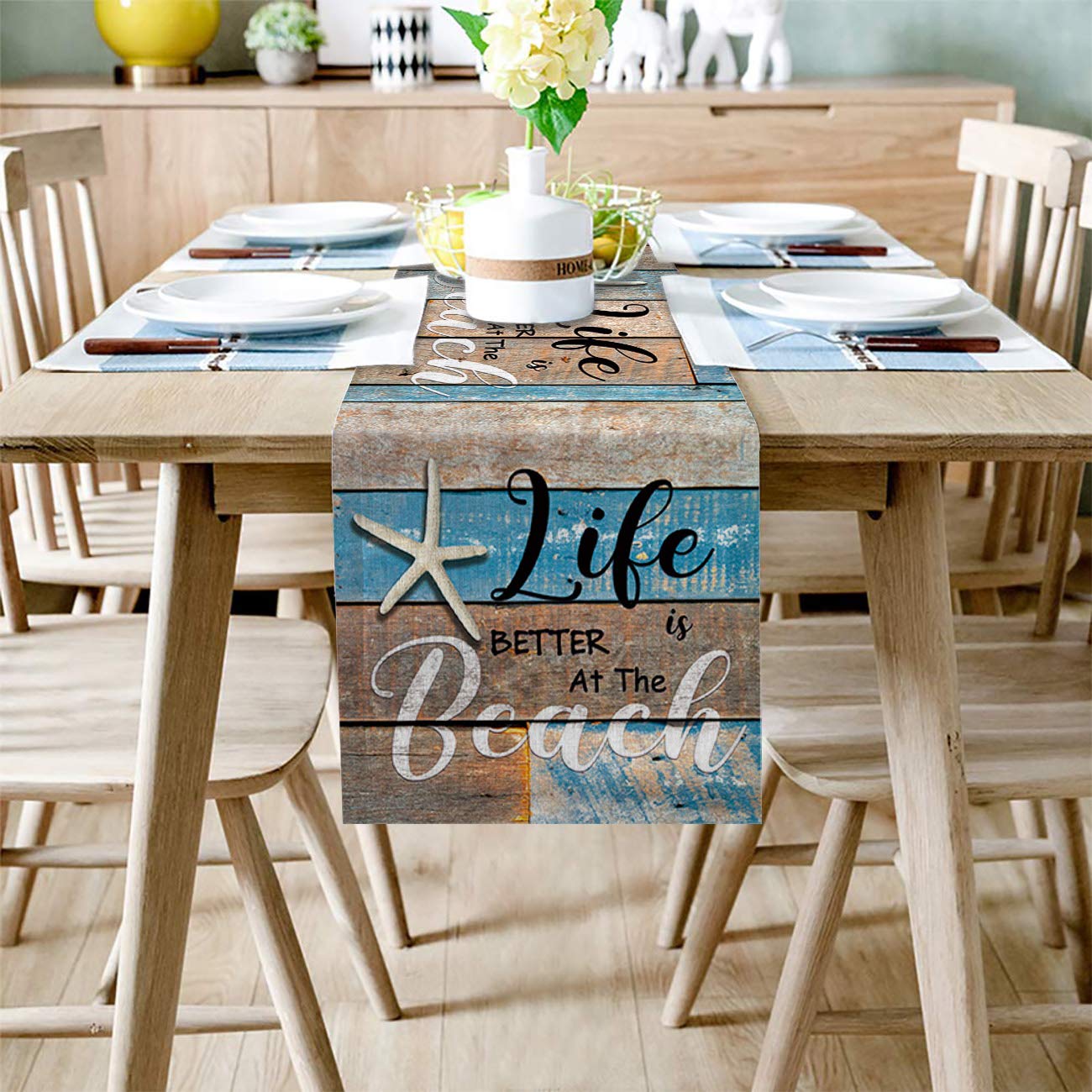 Artshowing Ocean Coastal Starfish Decorative Table Runner 13X36Inch, Linen Textured Table Runner For Kitchen Dining Wedding Part