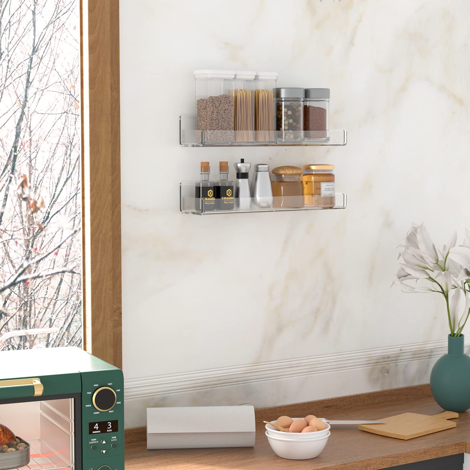 Sezanrpt Acrylic Spice Rack - Wall-Mounted Hanging Shelf Organizer for Seasonings, Clear, 2 Pack