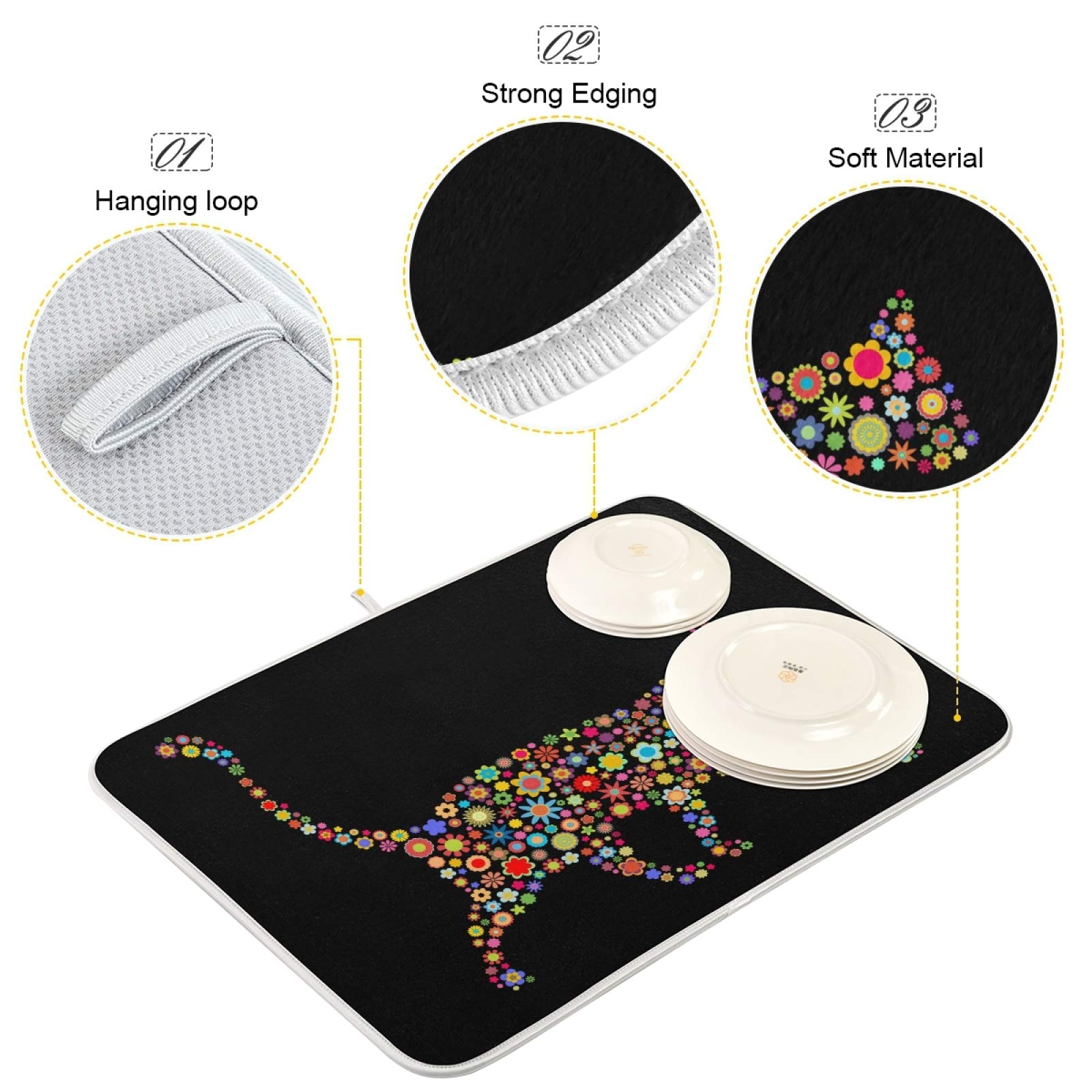 ZzWwR Microfiber Flower Cat Dish Drying Mat, 16"x18", Black, Multi-Purpose Kitchen Counter Protector