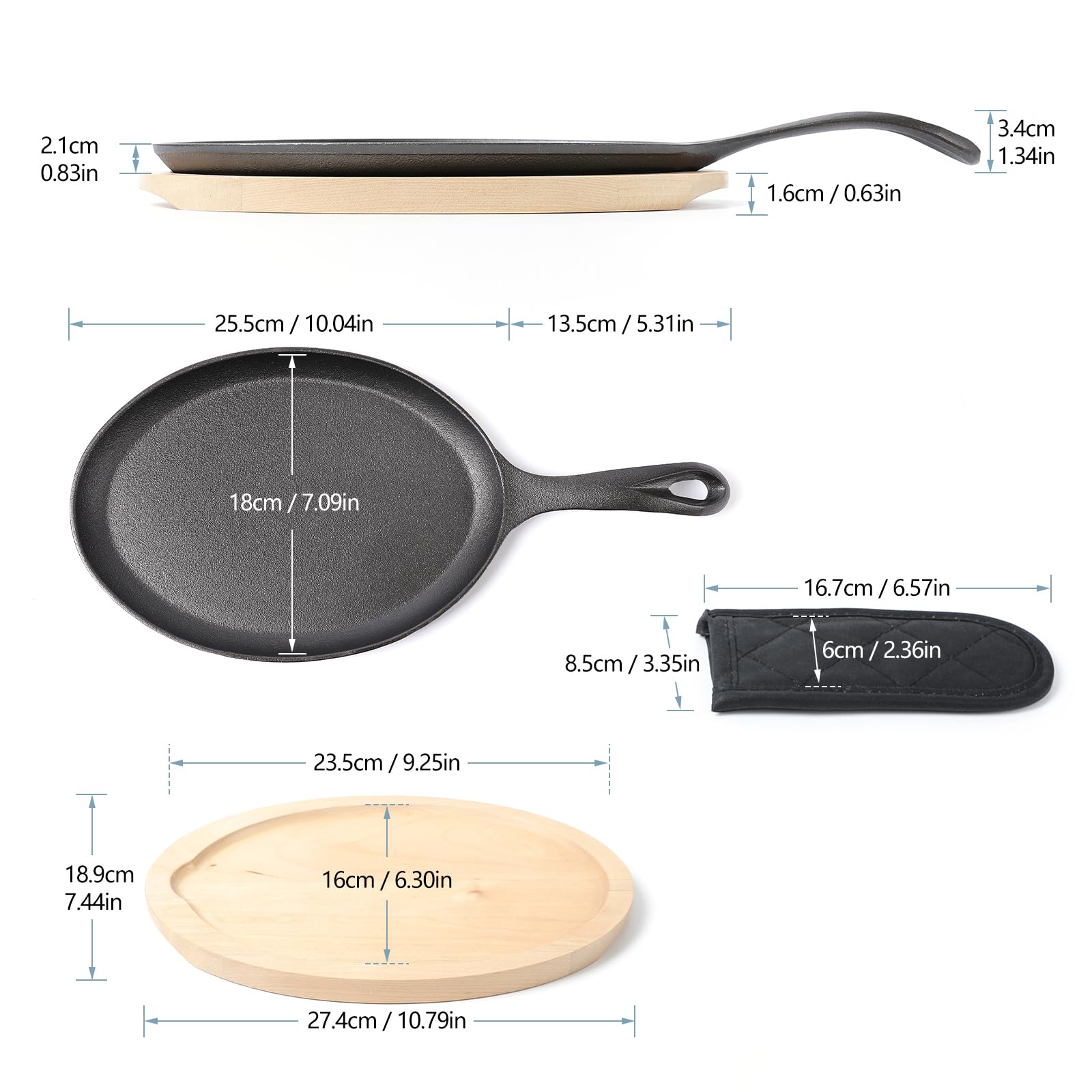 Hawok Cast Iron Fajita Plate Sizzler Pan Set With Wooden Tray And Handle Holder, Pre-Seasoned Cast Iron Skillet With Wooden Base