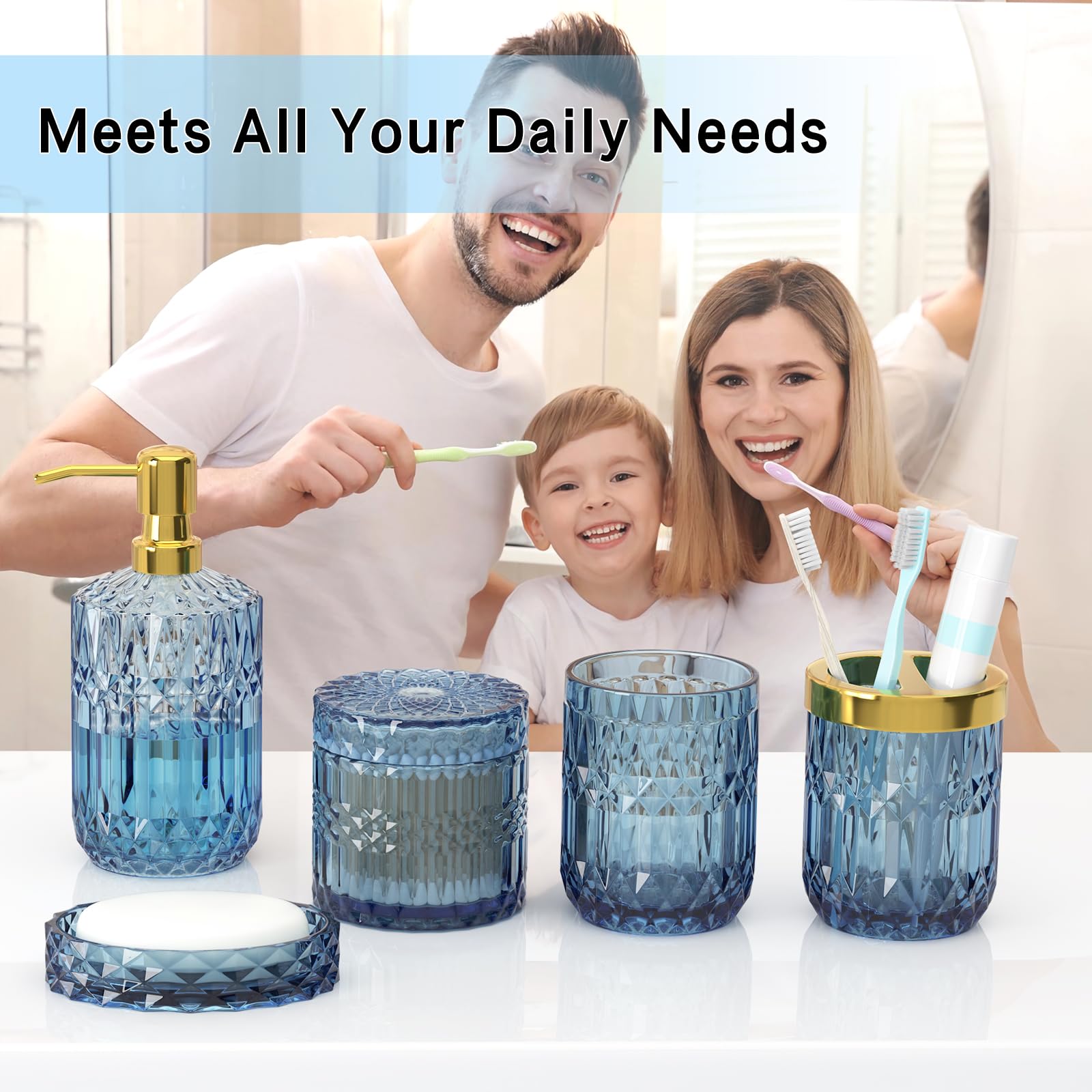 Blue Bathroom Accessories Set, 5 Pcs Clear Glass Bathroom Accessories With Lotion Soap Dispenser, Soap Dish, Toothbrush Holder,