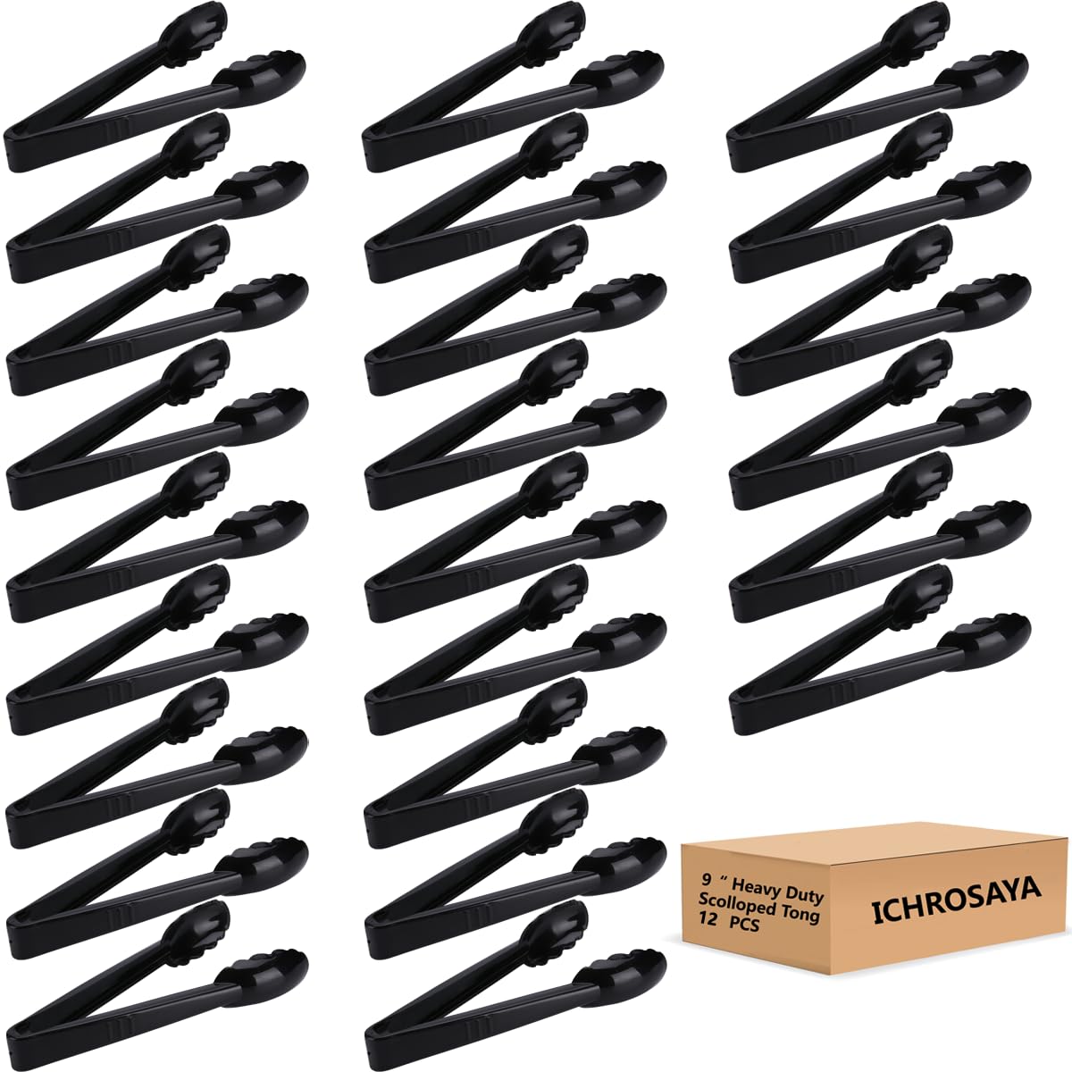 Plastic Tongs for Kitchen, Disposable Utensils Set, 12 Pieces, 9 Inch Heavy Duty Scalloped Salad Serving Tongs, Food Safe Materi