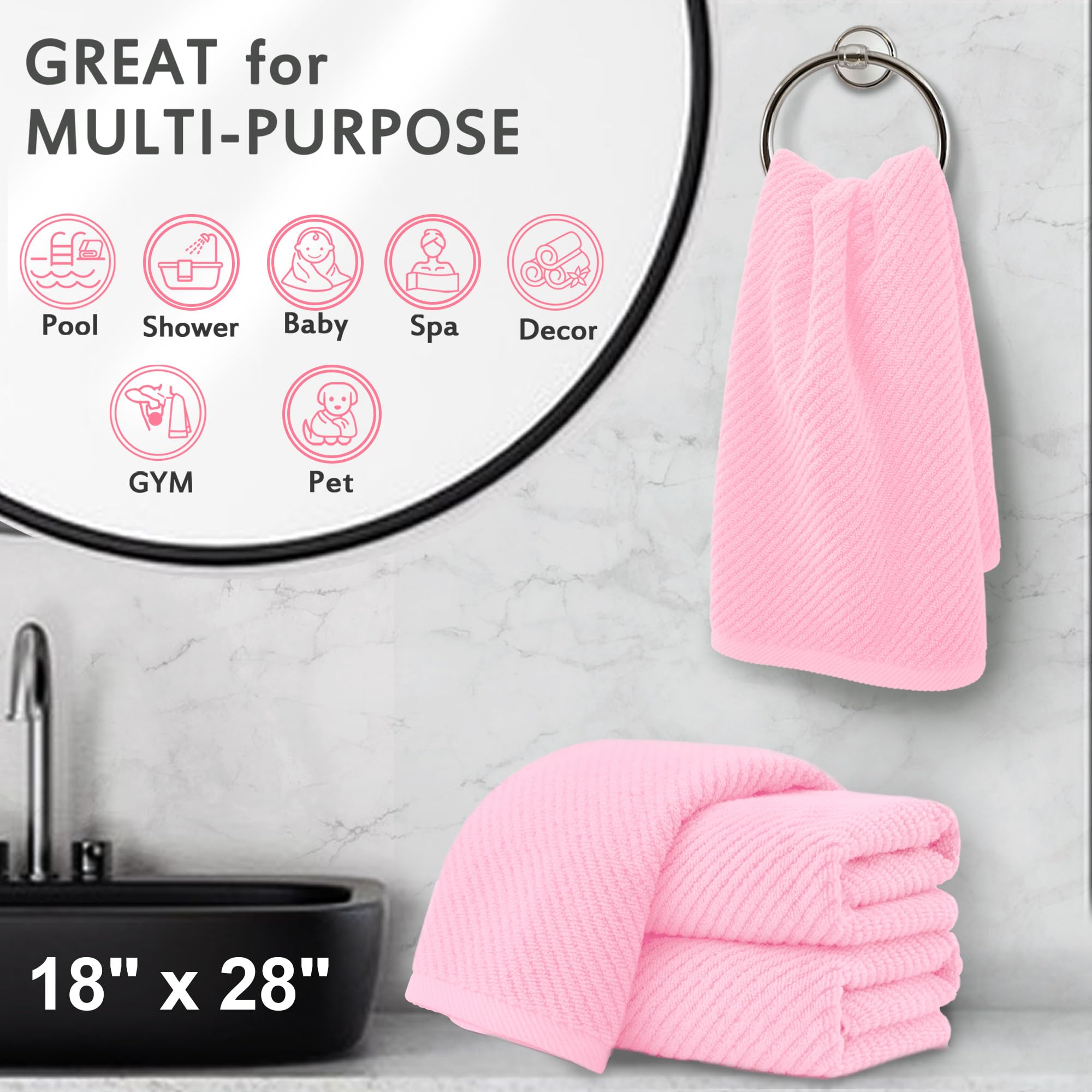 Voova & Movas Bathroom Hand Towels Set Of 4, Large 18'' X 28'' - 100% Cotton | Quick Dry | Light Weight | Thick | Soft | Absorpt