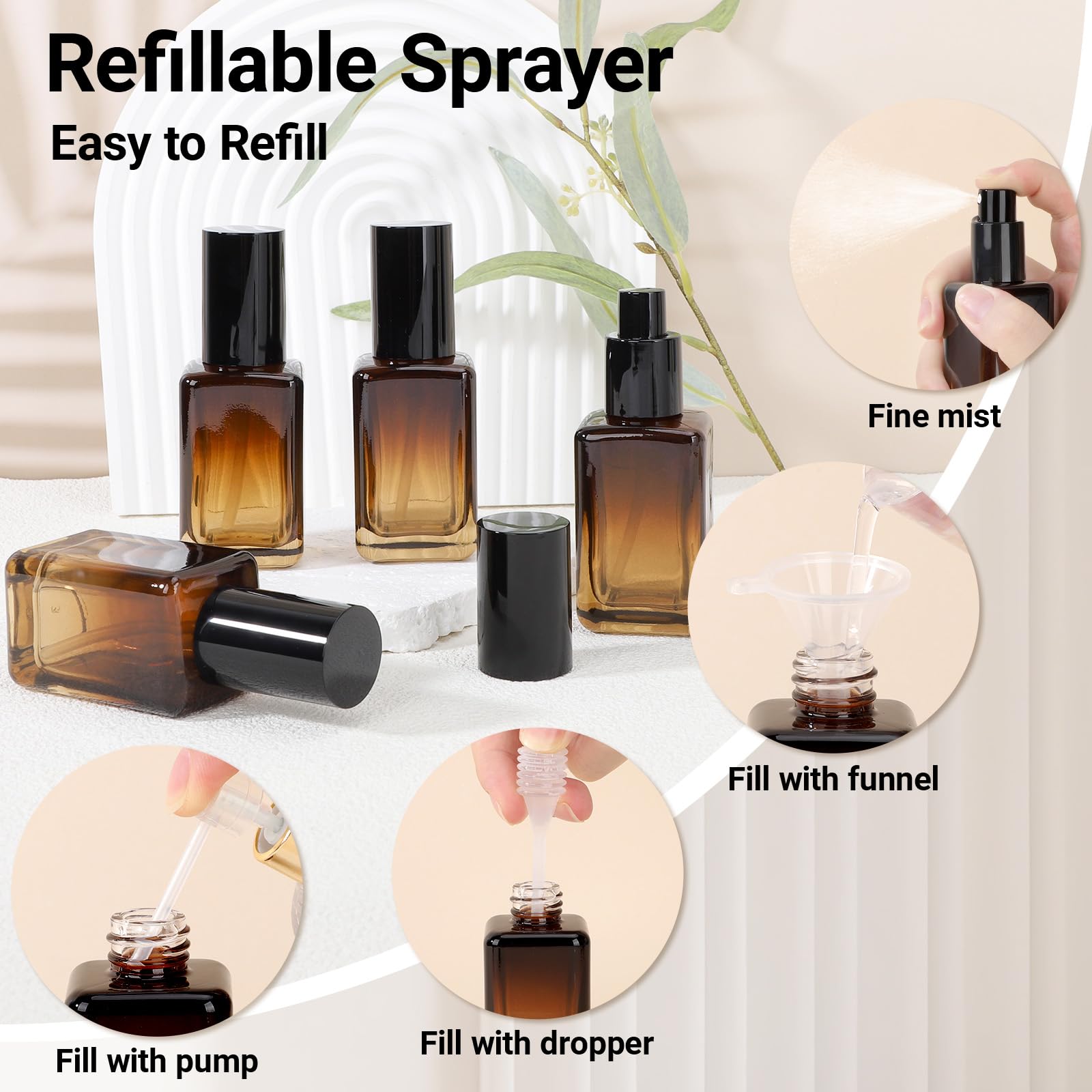 Segbeauty 1Oz Small Amber Glass Spray Bottle Refillable, 4Pcs Fine Mist Empty Glass Travel Bottles For Toiletries Liquid Contain