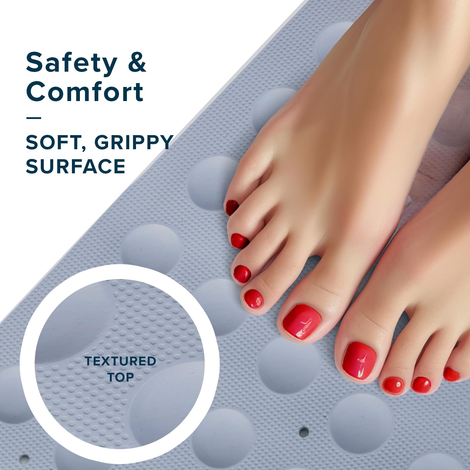SlipX Solutions Microban-Infused Rubber Shower Mat  21'' x 21''  Anti-Slip Square Bath Mat w/ 140 Power Grip Suction Cups  Gray