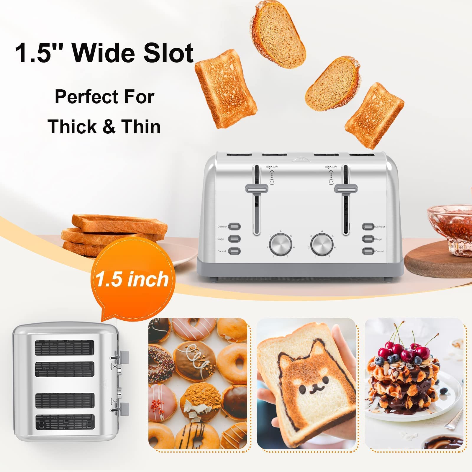 Toaster 4 Slice Retro Stainless Steel Toater with 7 Shade Settings Best Prime Toaster for Waffles  4 Slice Toaster with 3 Mode Bagels and More Lainsten Toaster T-527