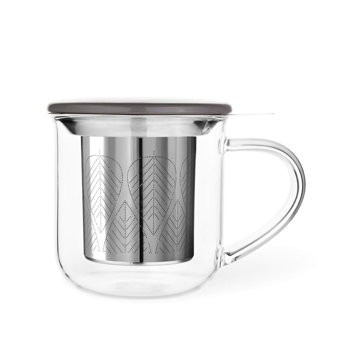 Viva Minima Eva Glass Tea Cup With Mesh Infuser - Coffee Mug With Porcelain Lid/Saucer - 14 Oz / 400 Ml, Wool
