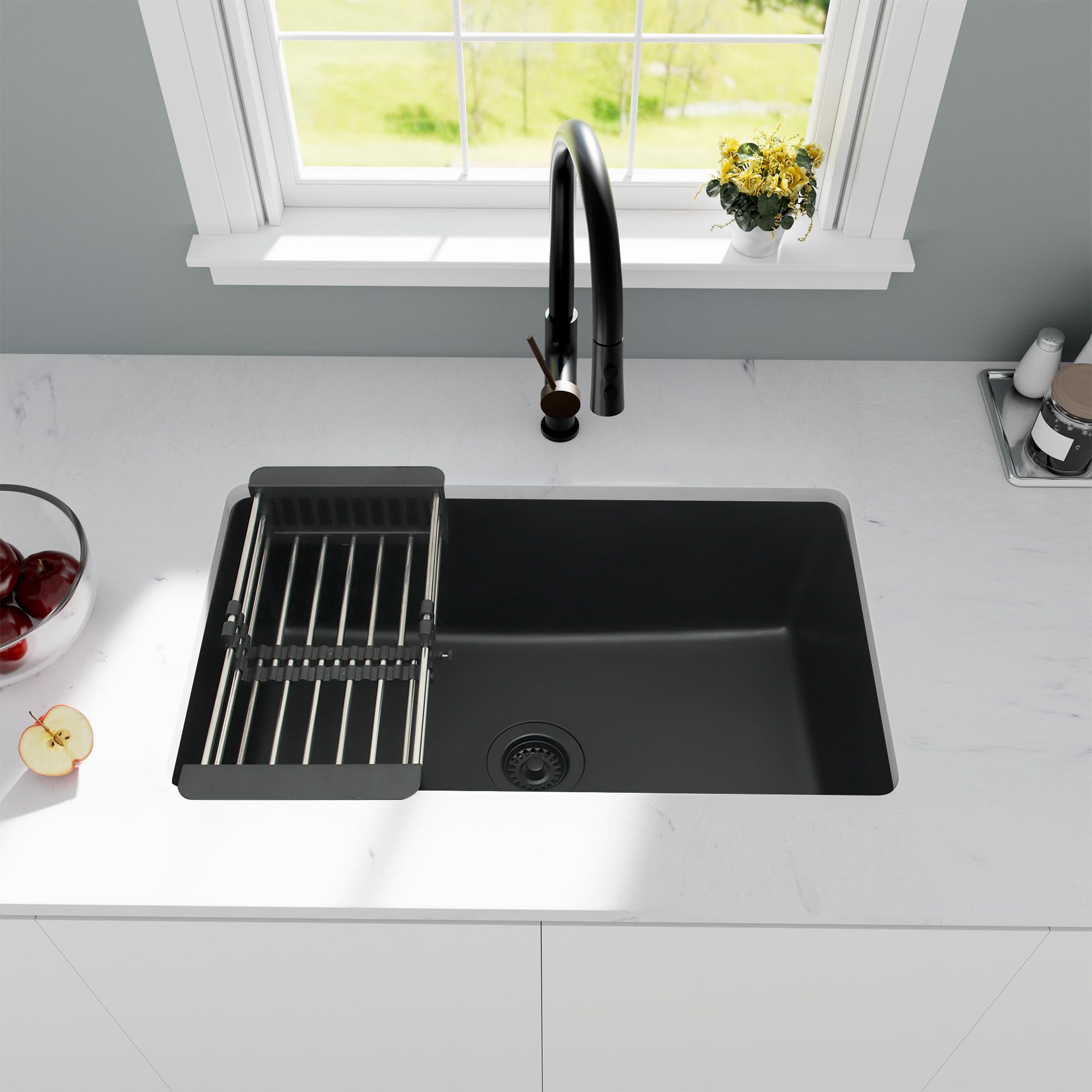 Monsinta Undermount Kitchen Sink, 30 Inch Matte Black Kitchen Sink, Granite Composite Single Bowl Kitchen Sink,Kitchen Sink Unde