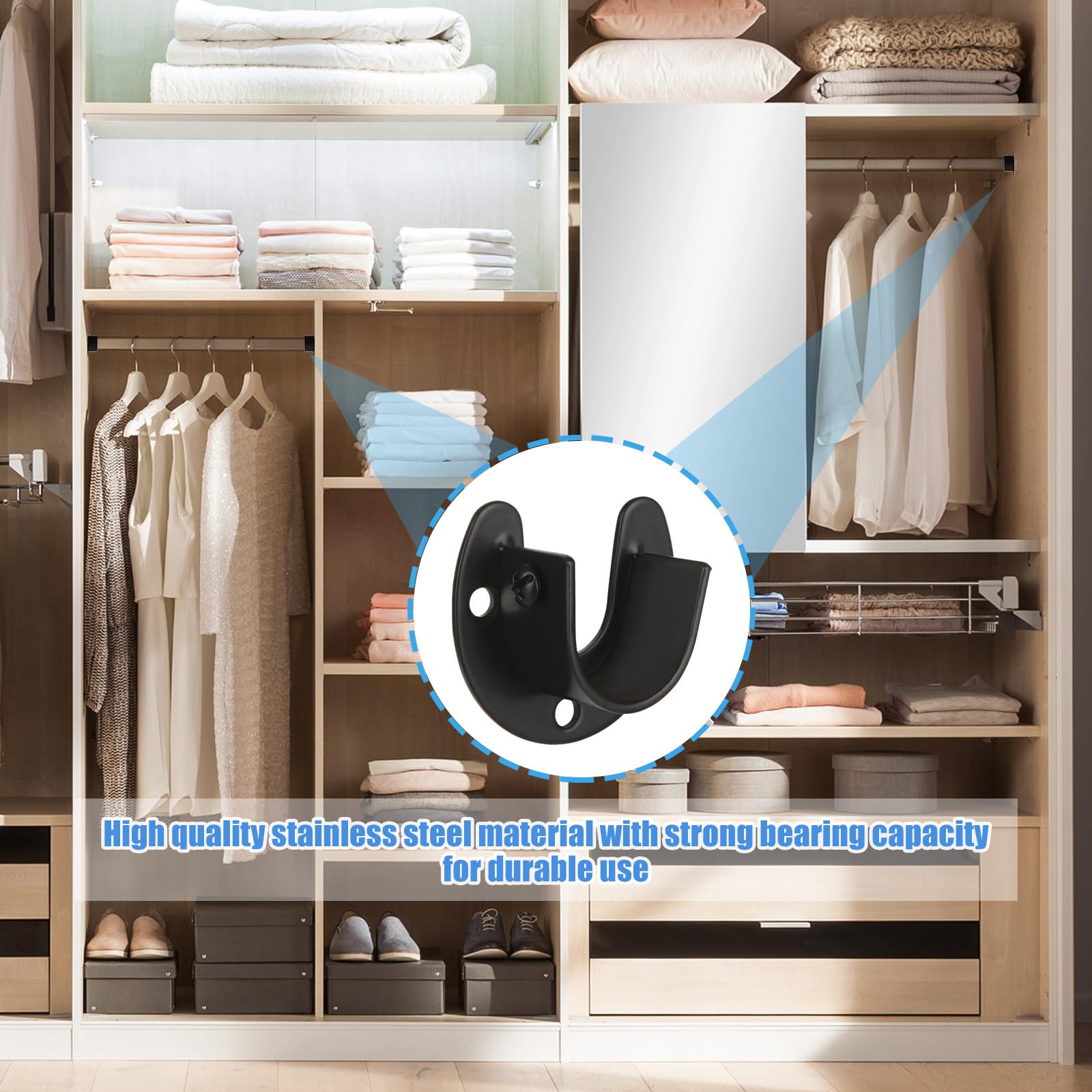 6Pcs Stainless Steel Closet Rod Brackets, 1-1/2 Inch Dia Heavy Duty Socket Flange Rod Holder, Shower Curtain Rod Pole End Suppor